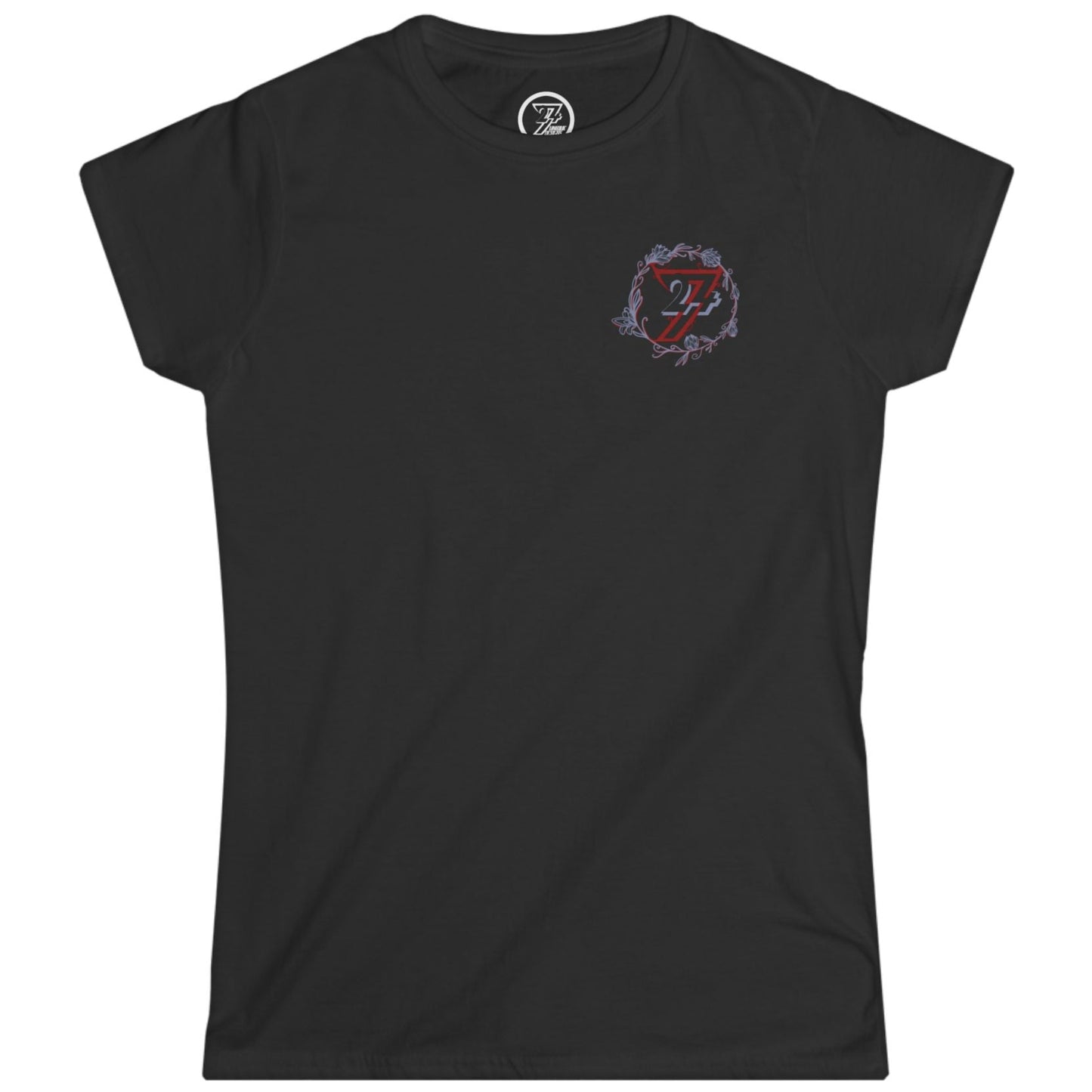 Solid black women's tagless t-shirt featuring a subtle left chest botanical graphic.