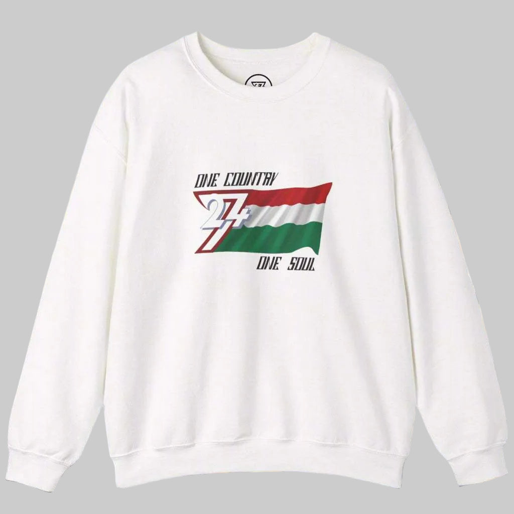 White unisex sweatshirt featuring a Hungary flag design with "One Country One Soul" text, made from cotton-polyester blend.