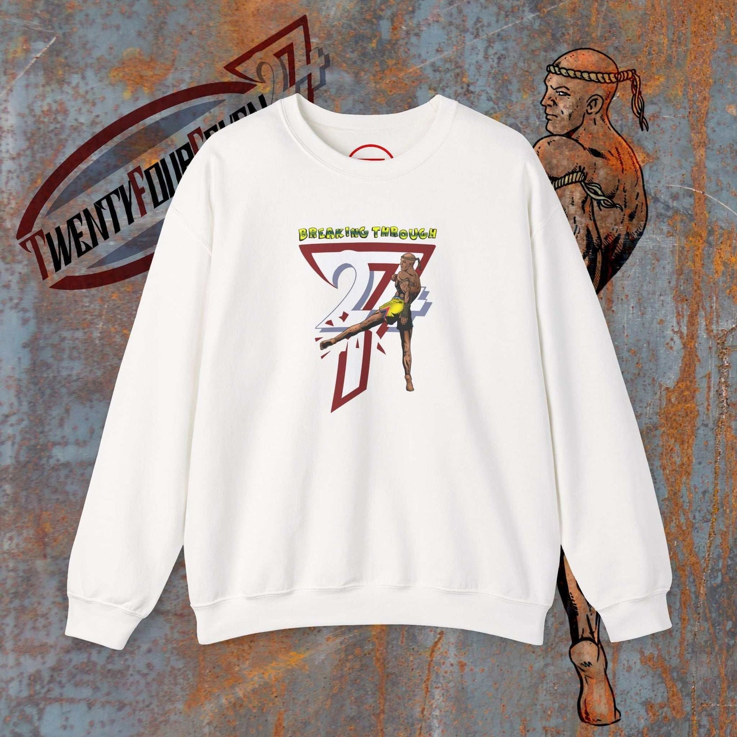 White Muay Thai sweatshirt with hand-drawn fighter and "Twenty Four Seven" design, medium-heavy cotton-poly blend, classic fit, crew neckline.