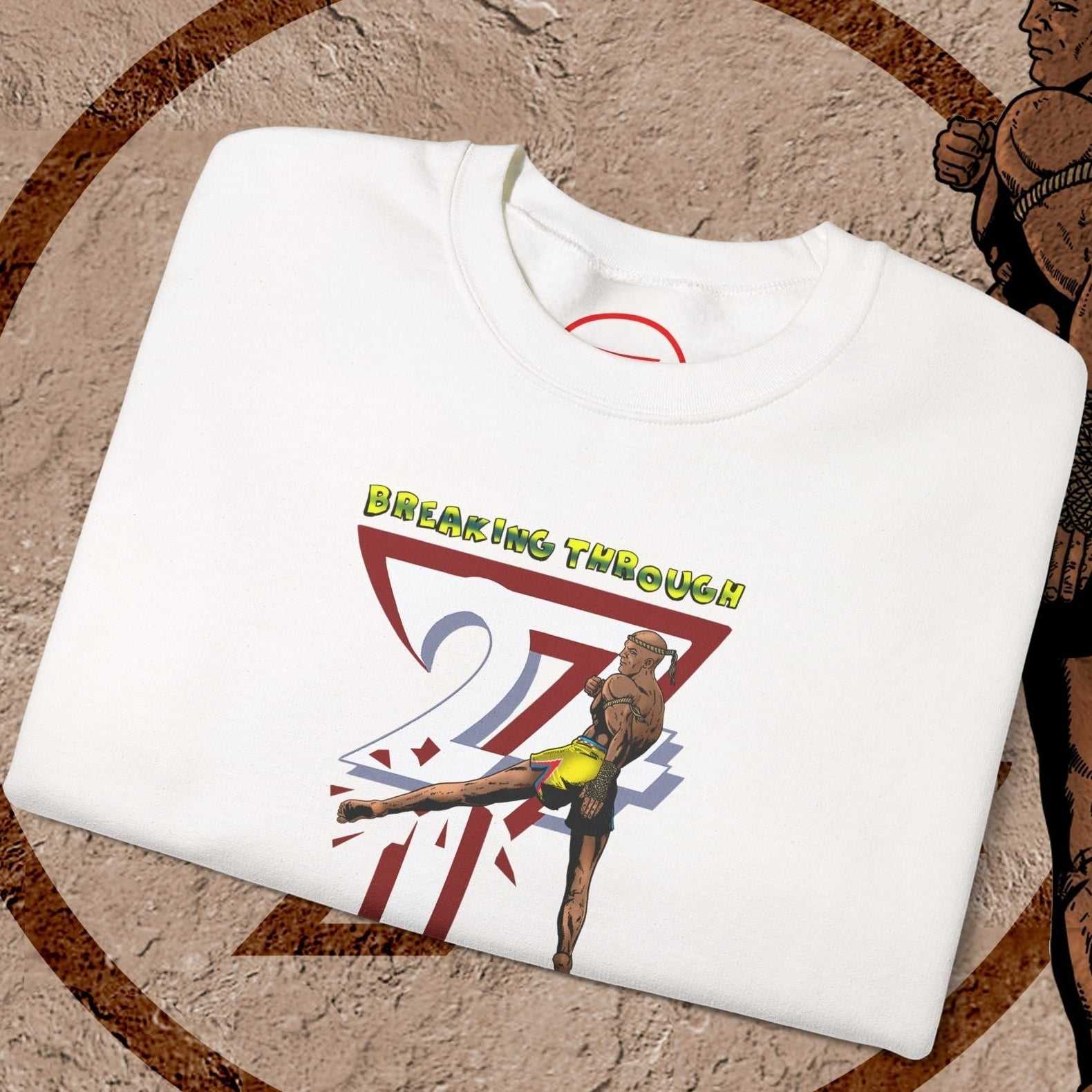 White Muay Thai sweatshirt with hand-drawn fighter illustration and "Breaking Through" text design.