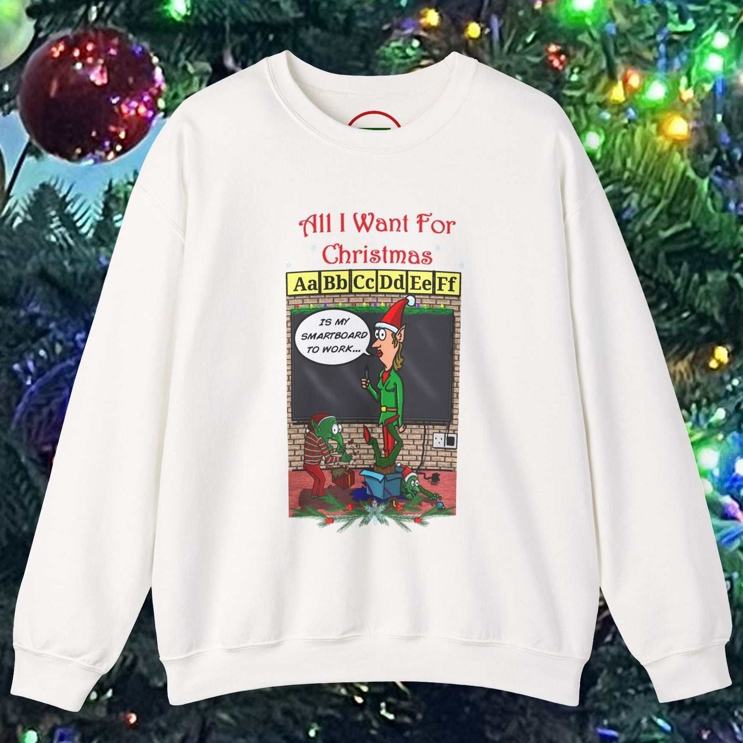 White Teacher Christmas sweatshirt with funny cartoon design and text All I Want For Christmas teacher gift