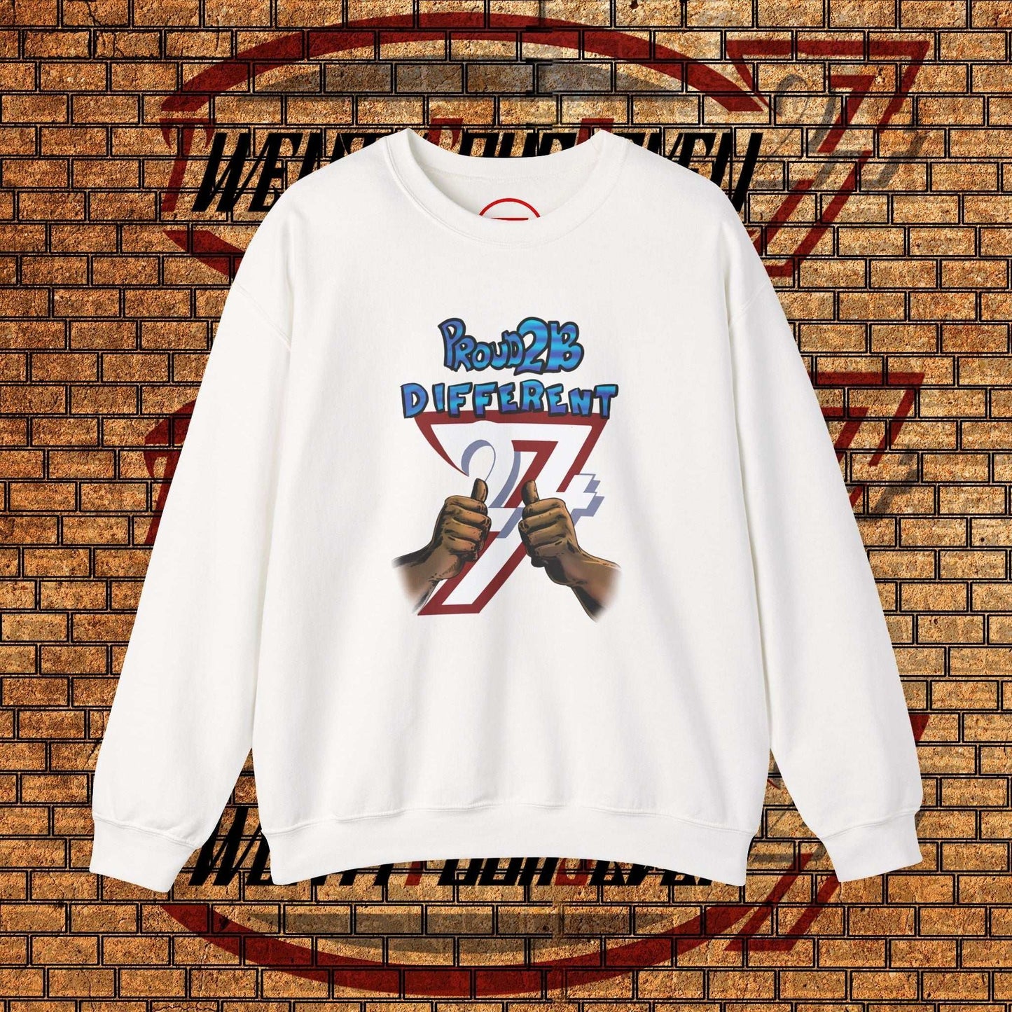White artistic sweatshirt with "Proud 2 B Different" slogan and hand-drawn graphic, cozy crewneck design
