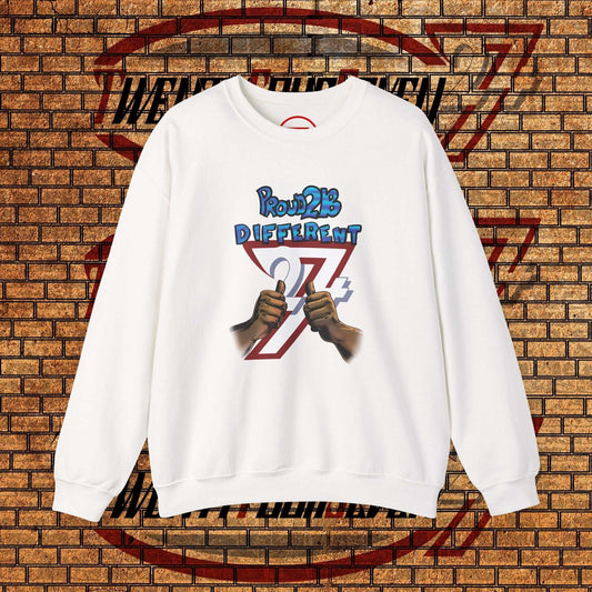White artistic sweatshirt with "Proud 2 B Different" slogan and hand-drawn graphic, cozy crewneck design