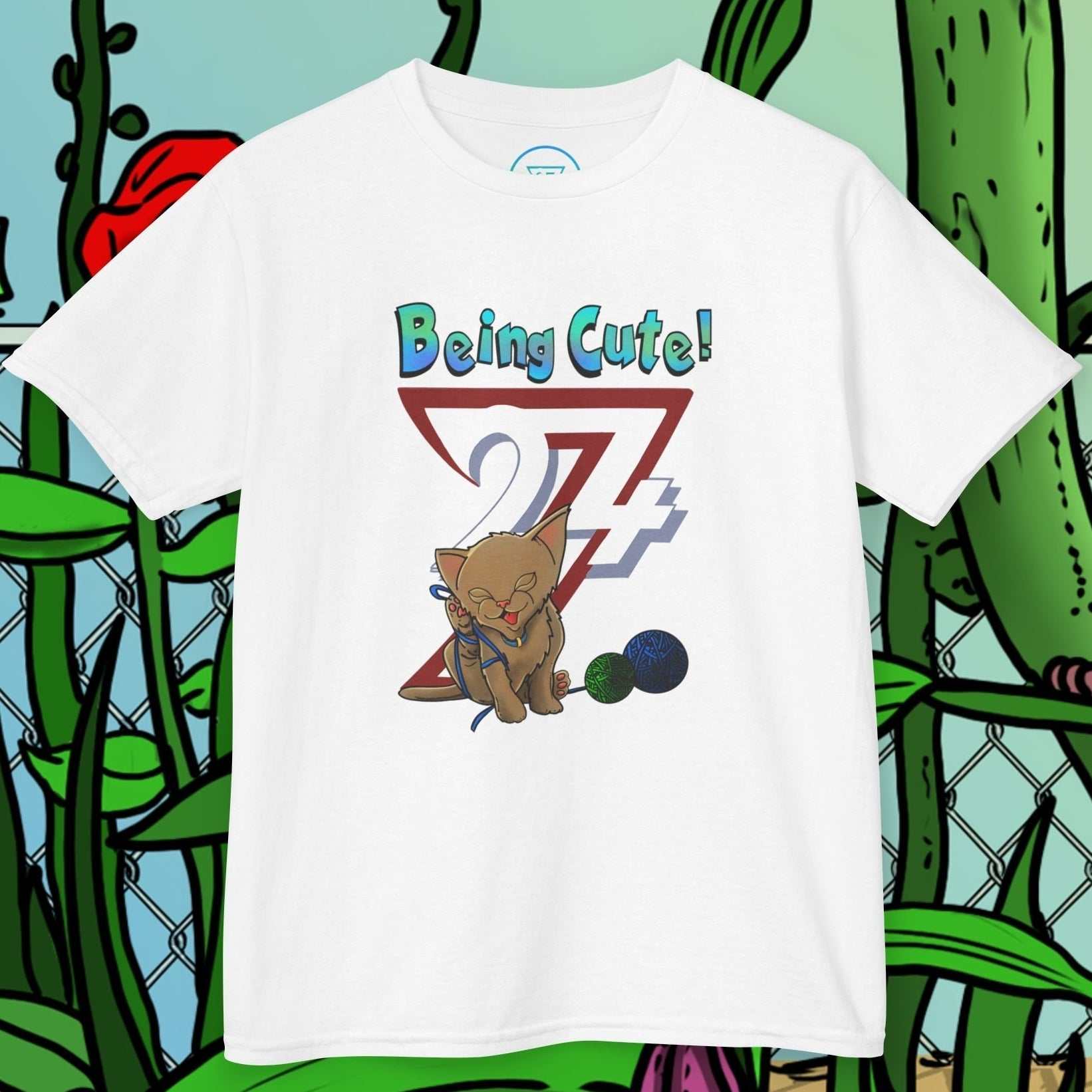Clean White Kids Tee with a 90s-style comic illustration of a brown kitten and yarn.
