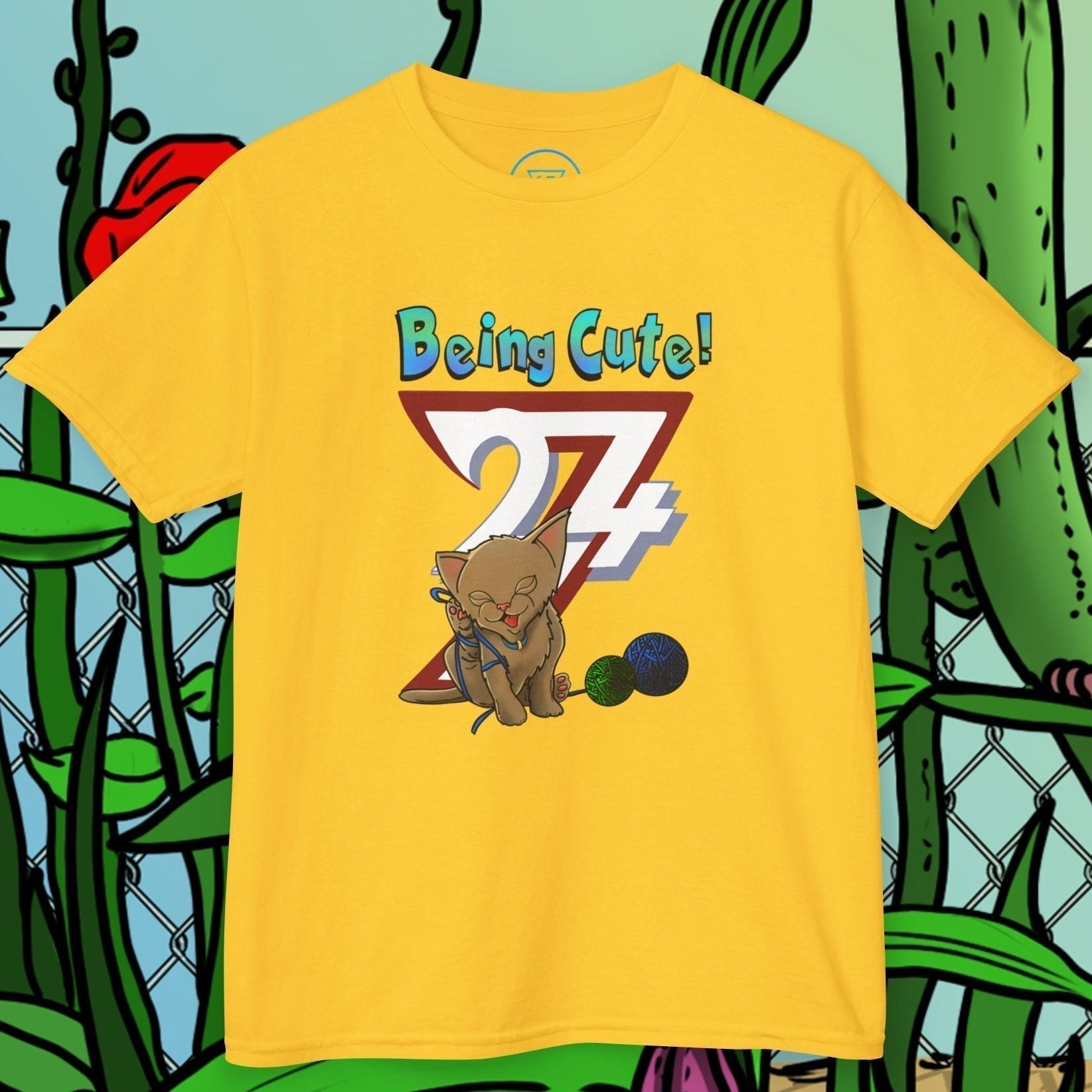 Kids T-Shirt in Daisy Yellow featuring the adorable HI-TComics kitten illustration.