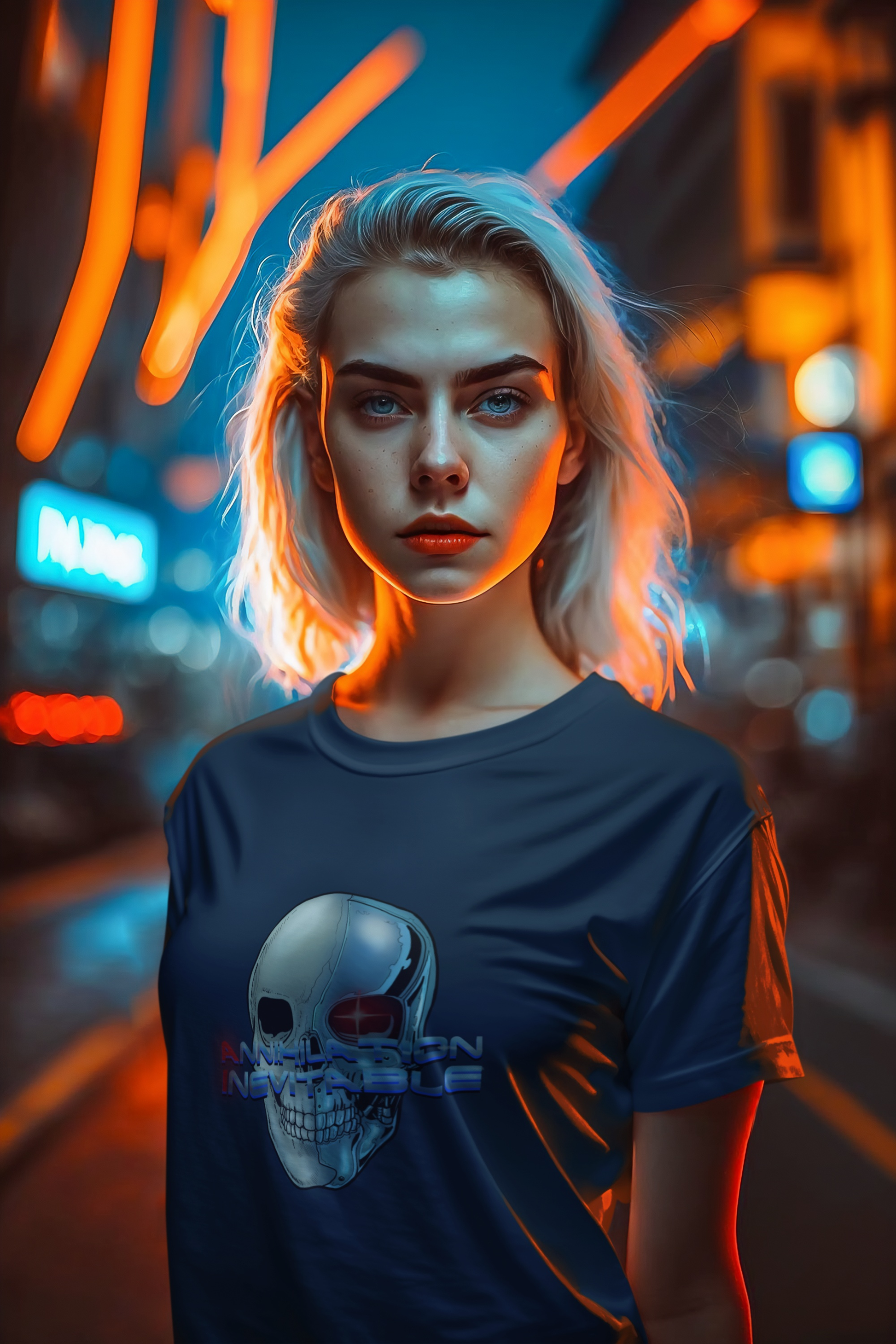 AI female model demonstrating the classic unisex fit of the navy blue 24/7 Unique Designs shirt