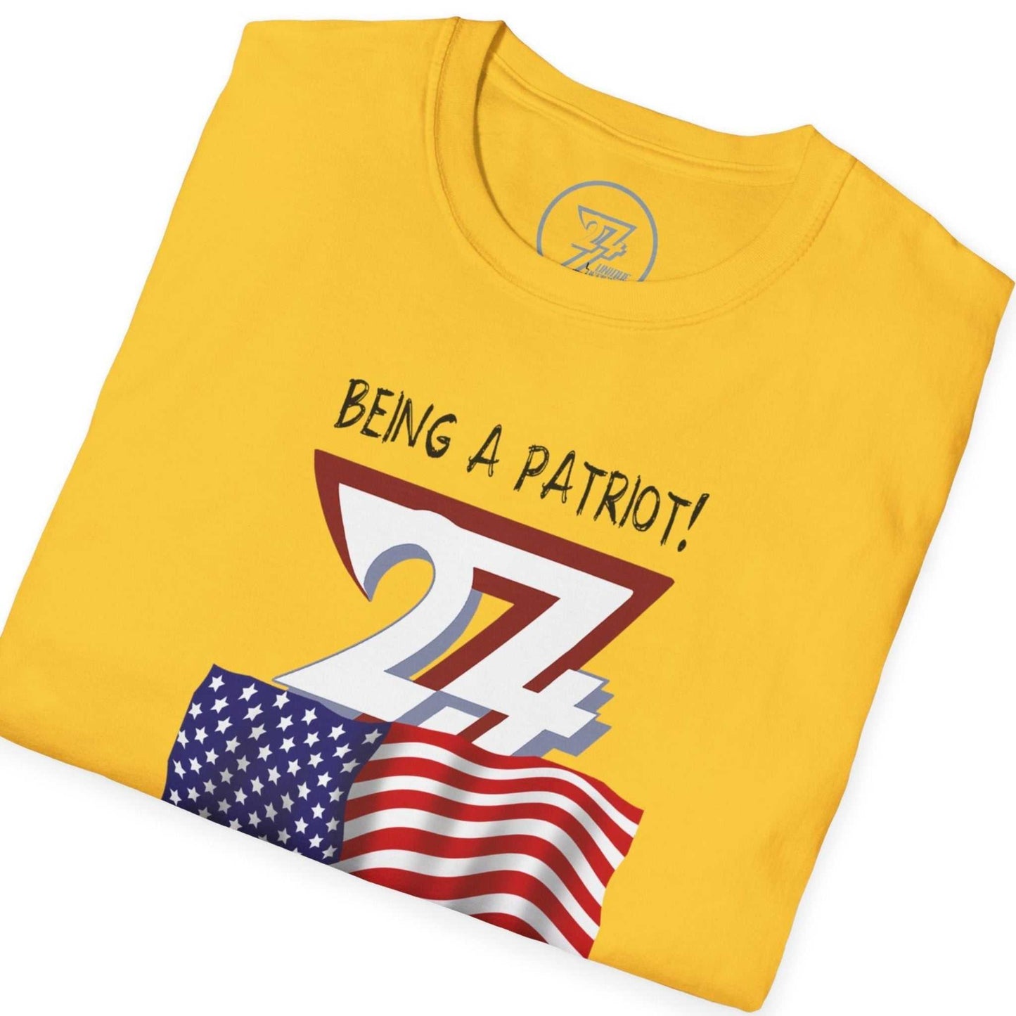 Folded Yellow USA t-shirt with 'Being a Patriot!' text and American flag design on a white background