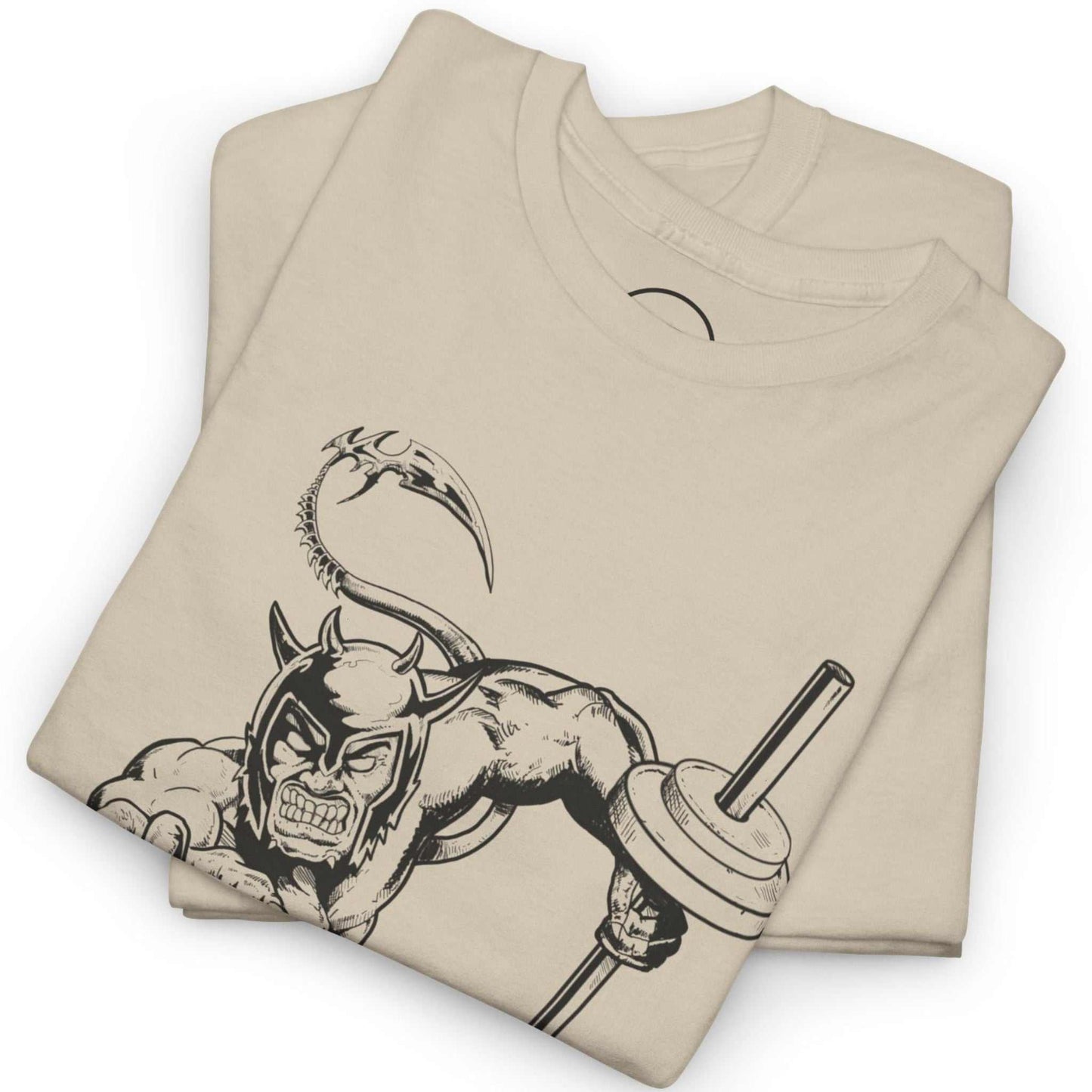 Neatly folded sand beige comic style gym tee showing the crisp front ALK illustration and premium cotton fabric, laid flat.