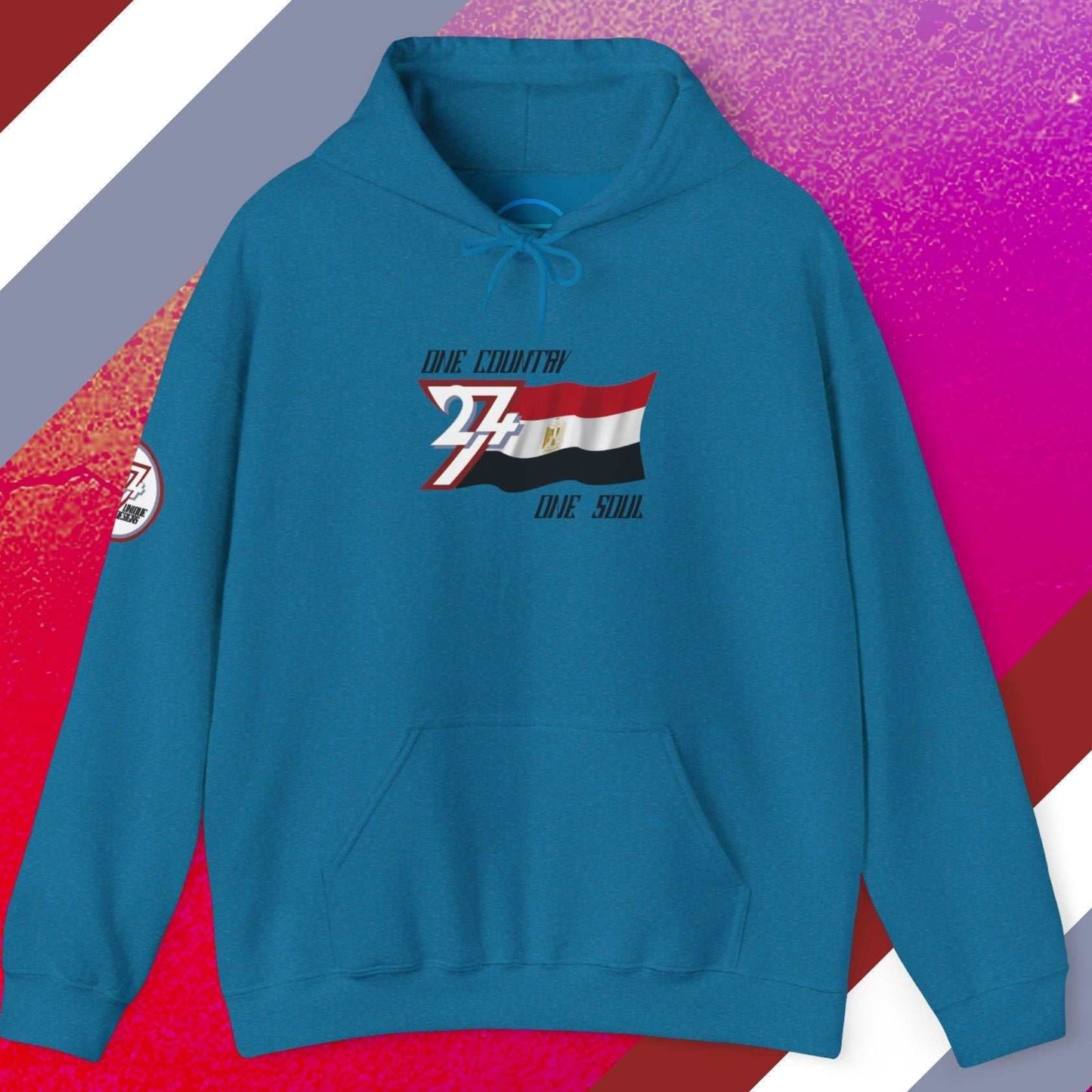 Front perspective of the Ocean Blue Egypt flag hoodie featuring the refined artist-original design.