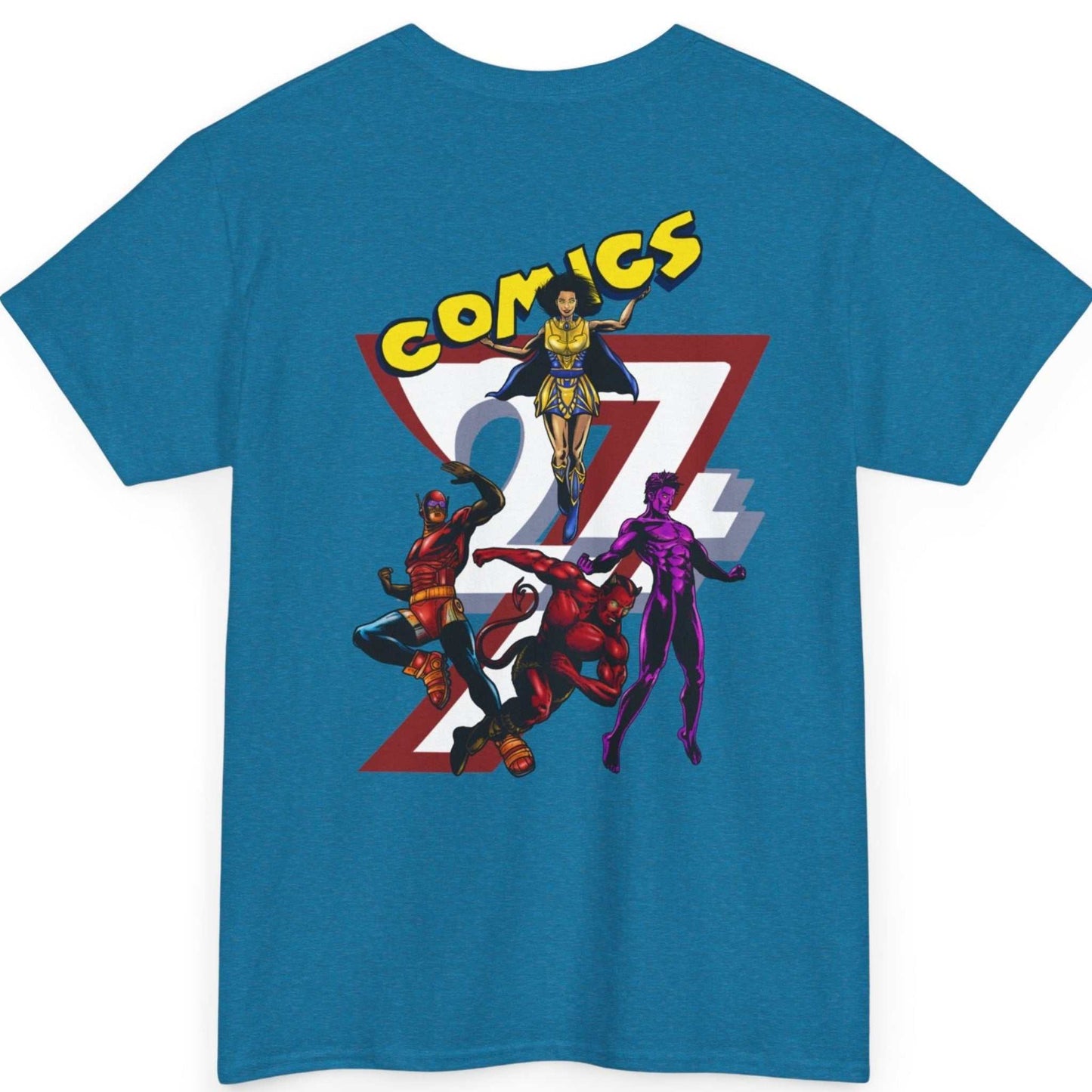 Back view of an antique sapphire retro comic art t-shirt displaying the original superhero action graphic.