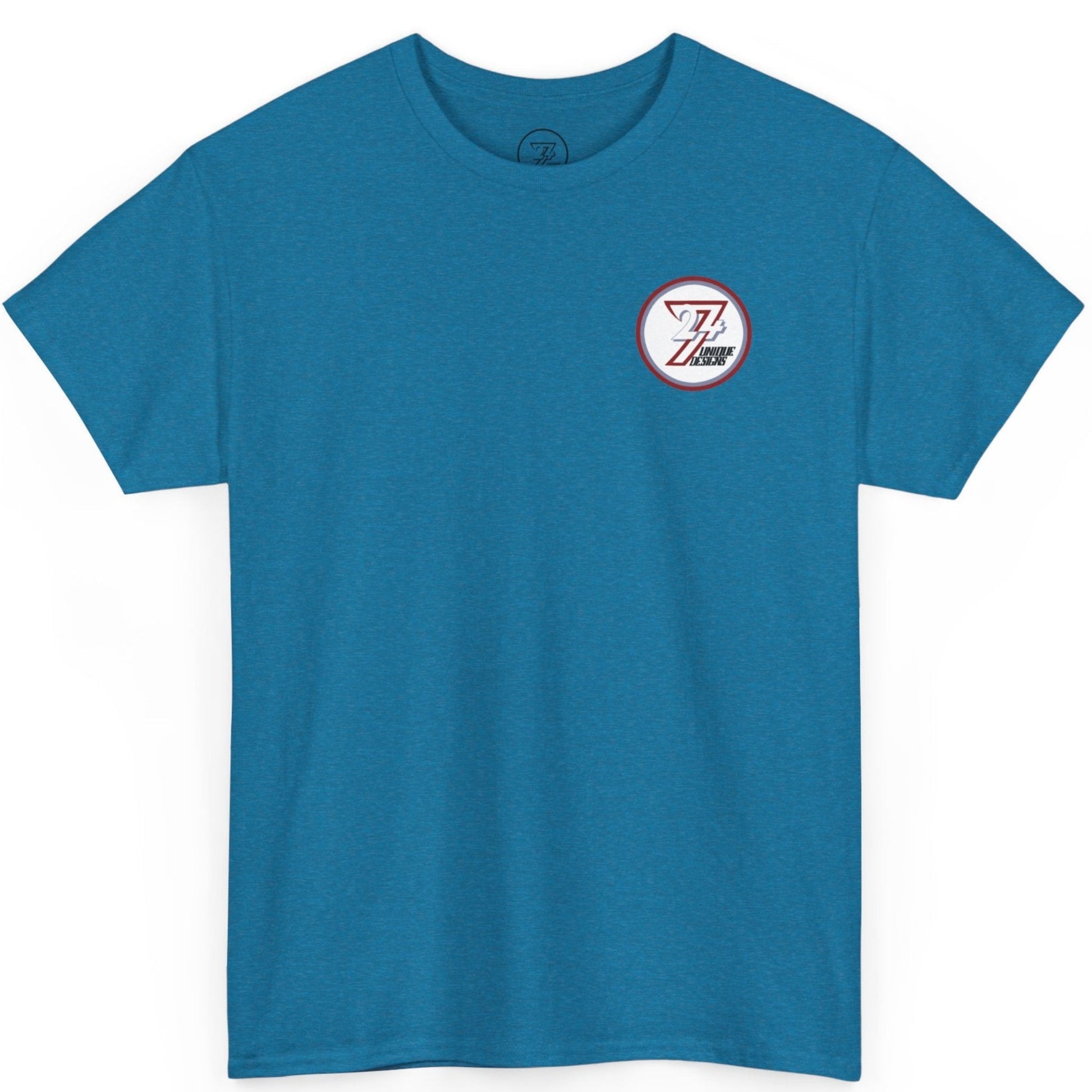 Front view of an antique sapphire two sided graphic tee showing the crisp front chest logo.