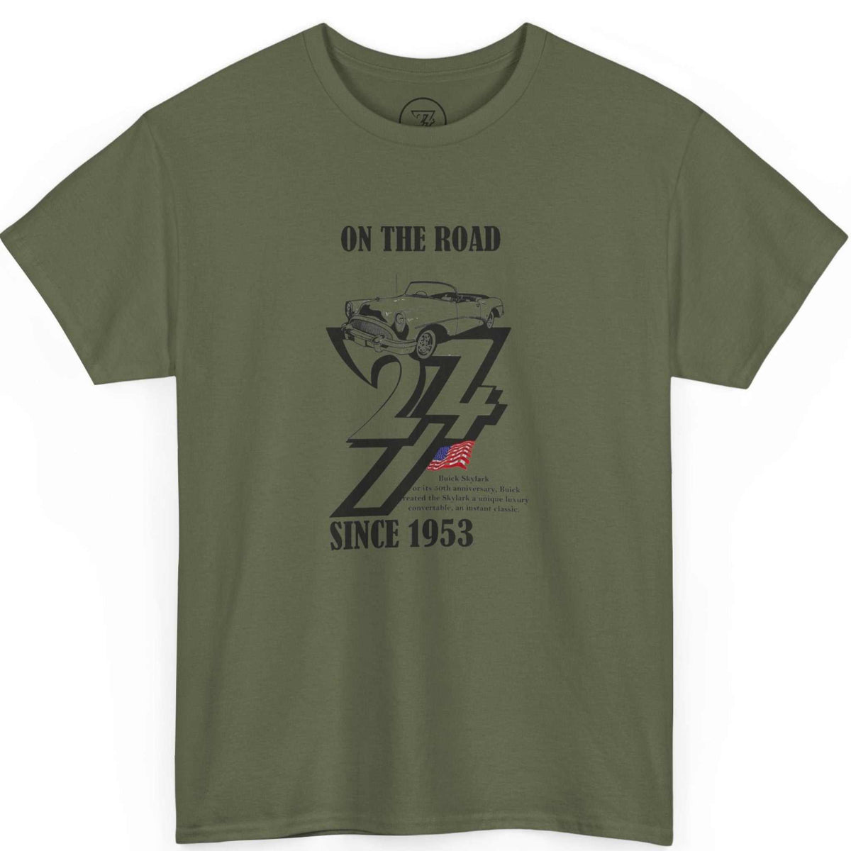 Front view of an army green 1953 birth year auto enthusiast tee highlighting the bold graphic design.