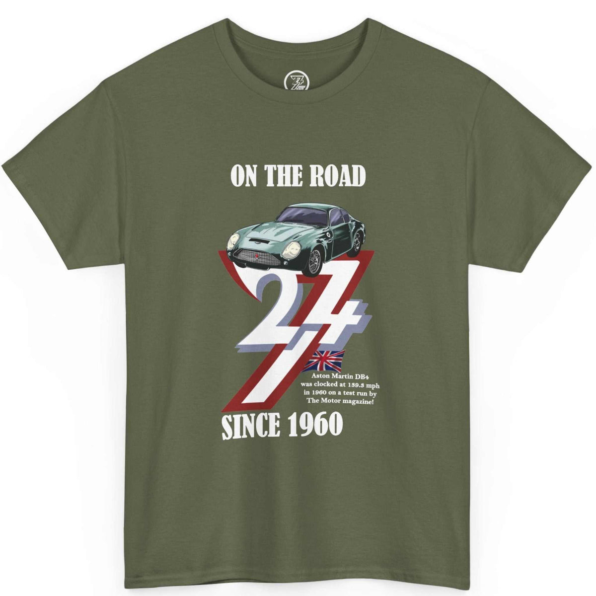 Front view of an army green 1960 Aston Martin graphic tee highlighting the contrasting white typography and green car illustration.