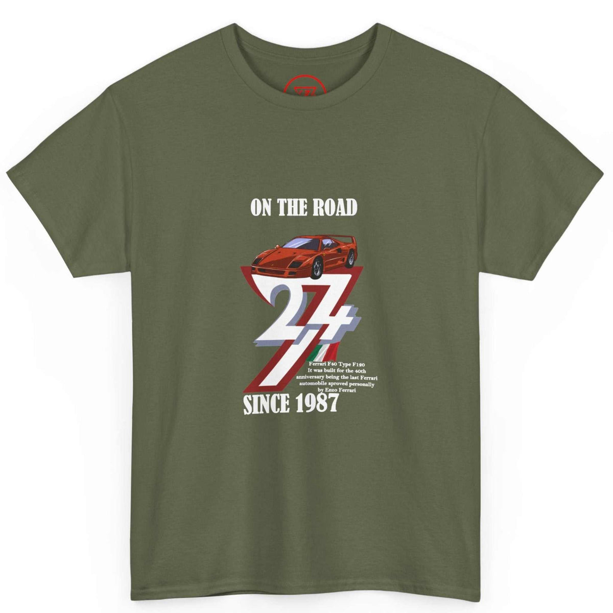 Front view of an army green 1987 Ferrari F40 graphic tee highlighting the contrasting white typography and red car illustration.