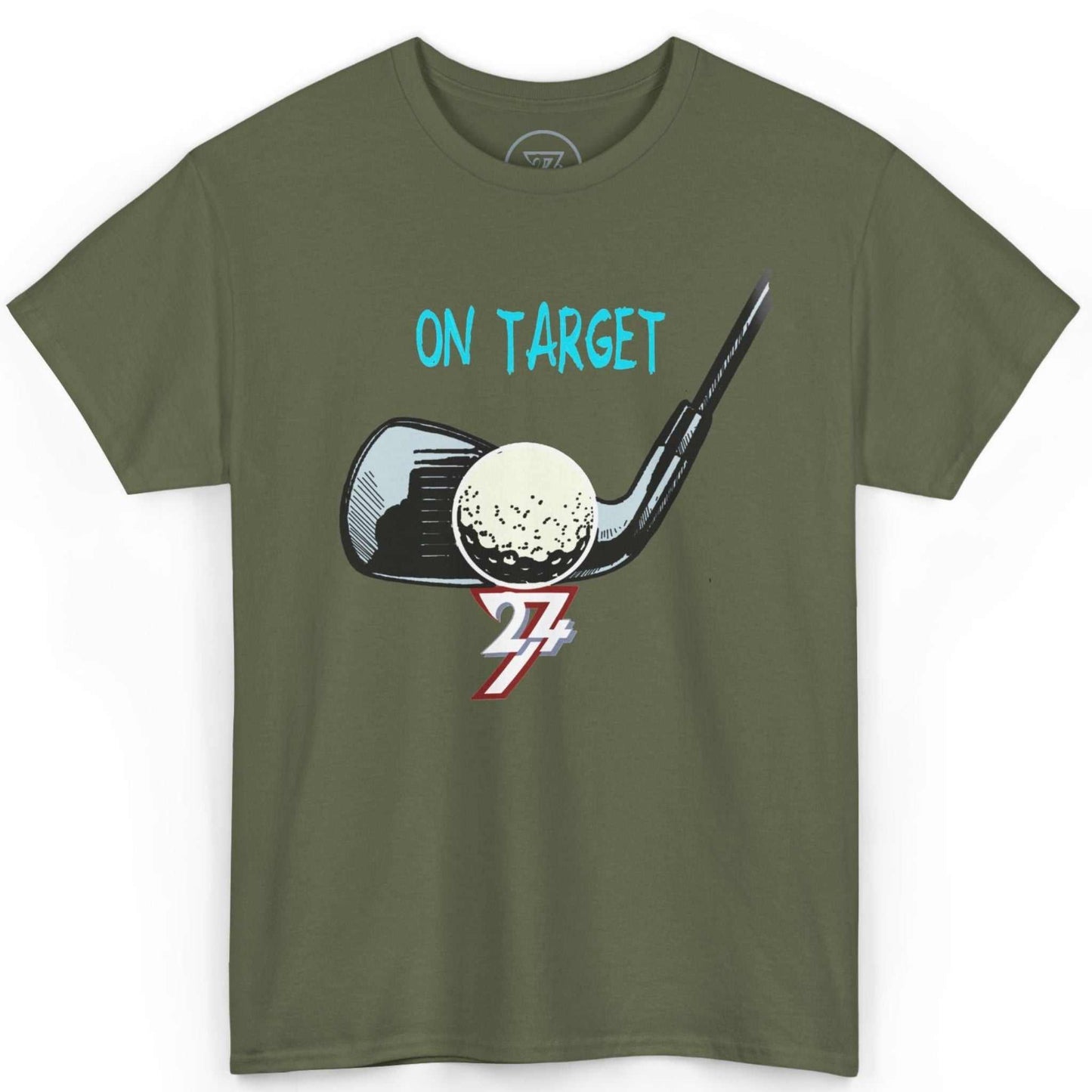 Front view of an army green 19th hole shirt highlighting the hand-drawn golf club and ball design, displayed on a clean background.