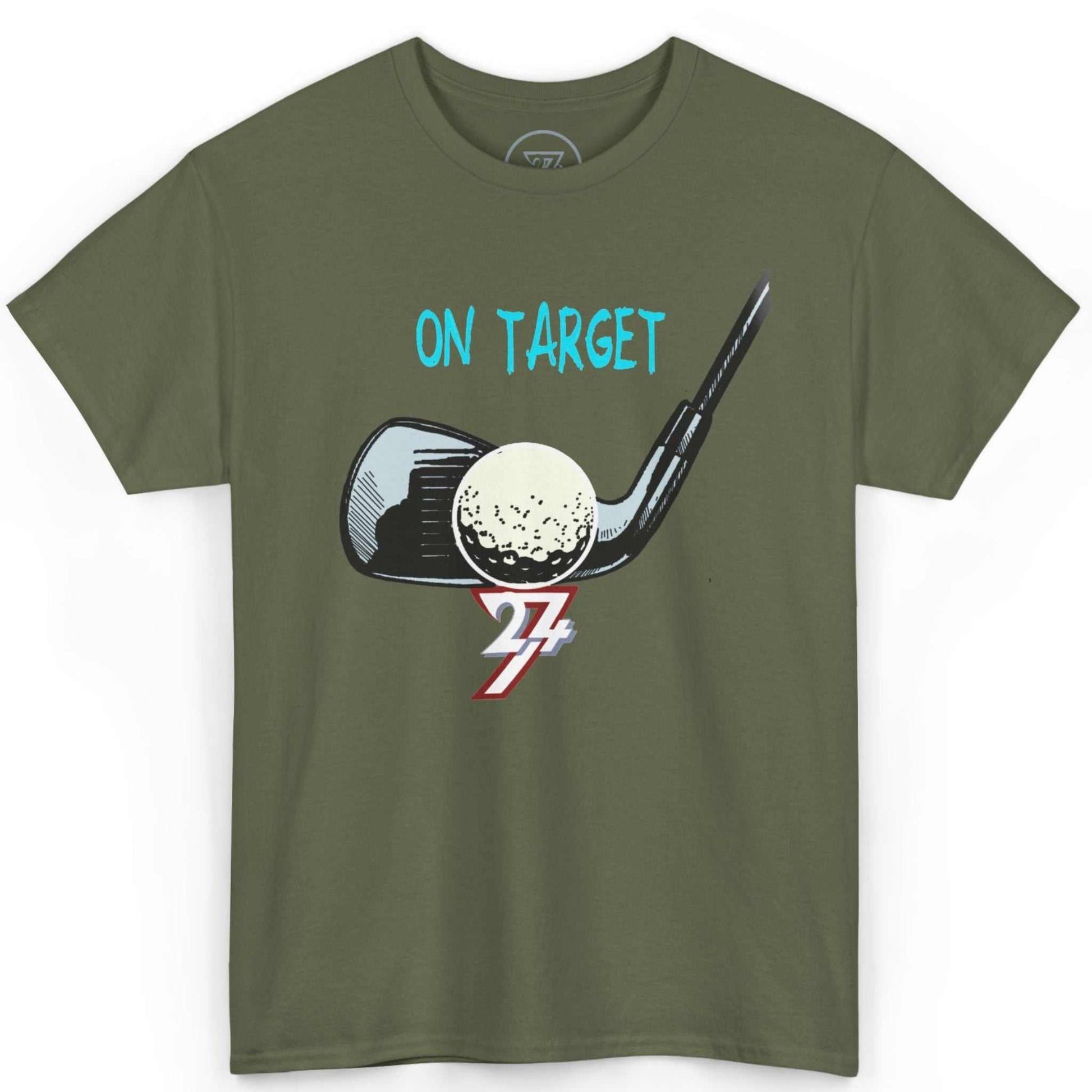 Front view of an army green 19th hole shirt highlighting the hand-drawn golf club and ball design, displayed on a clean background.