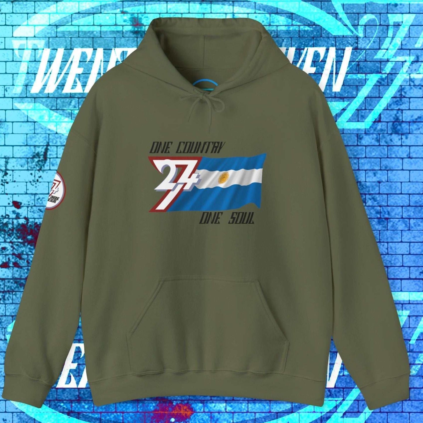 Army Green Argentina hoodie with "One Country One Soul" slogan and refined flag sketch.