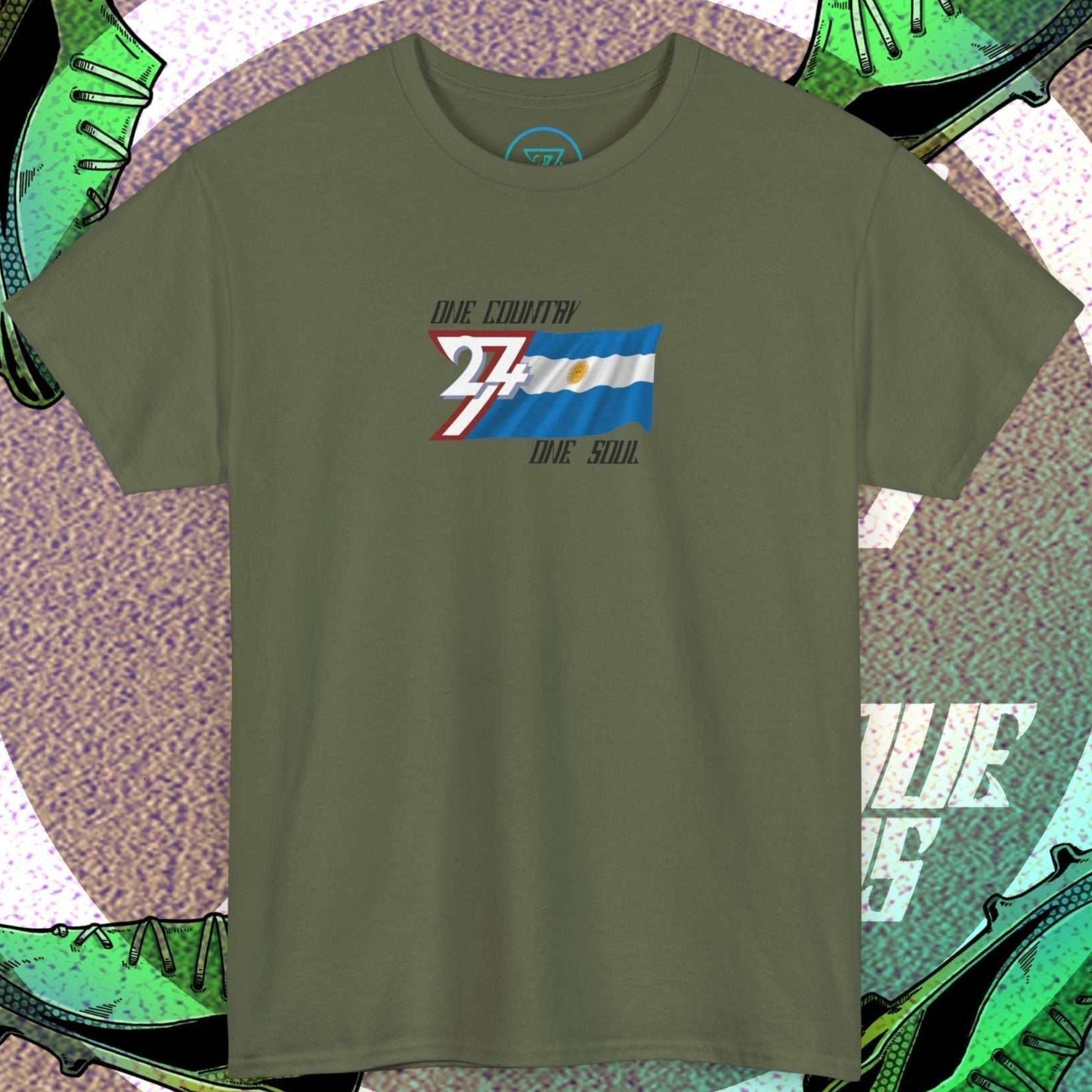 A polished Army Green Argentina flag t-shirt with our signature hand-drawn art and "One Country One Soul" text.