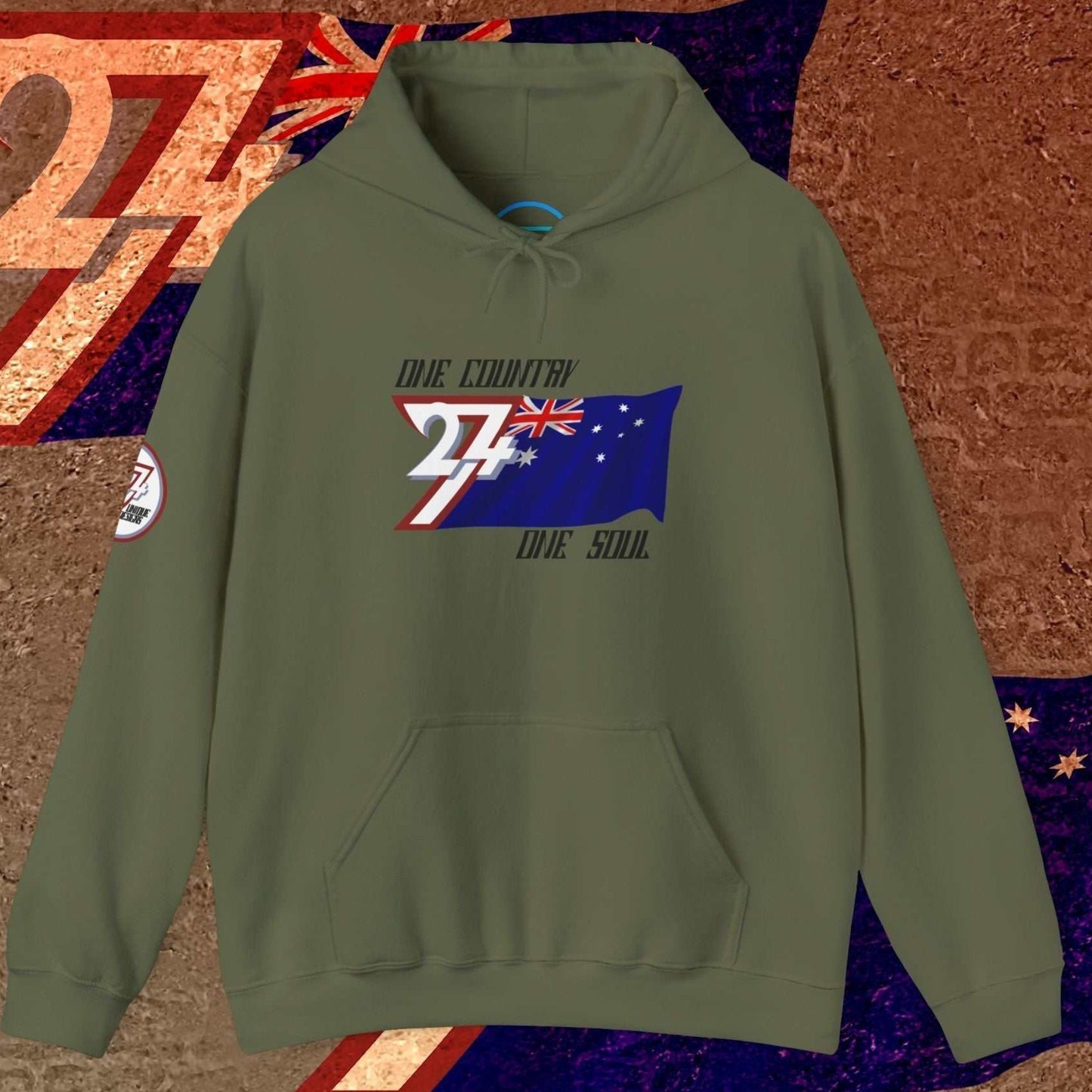 Army Green Australia hoodie with "One Country One Soul" slogan and refined flag sketch.