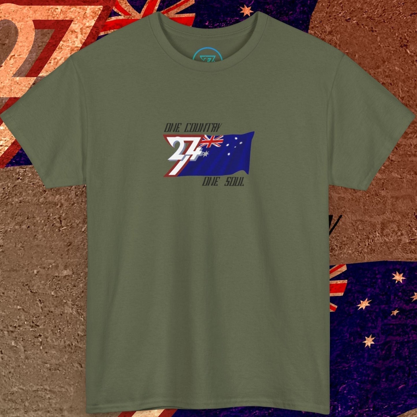 A polished Army Green Australia flag t-shirt with our signature hand-drawn art and "One Country One Soul" text.