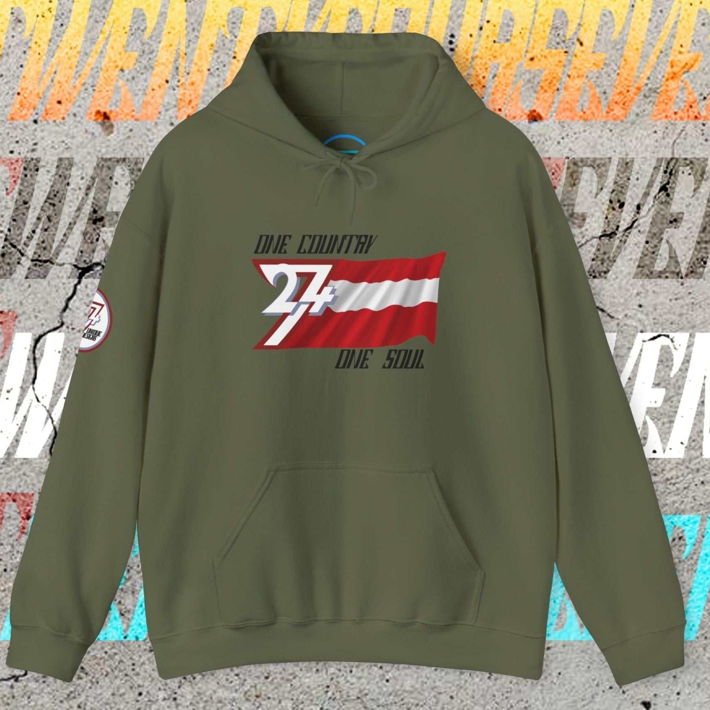 Army Green Austria hoodie with "One Country One Soul" slogan and refined flag sketch.