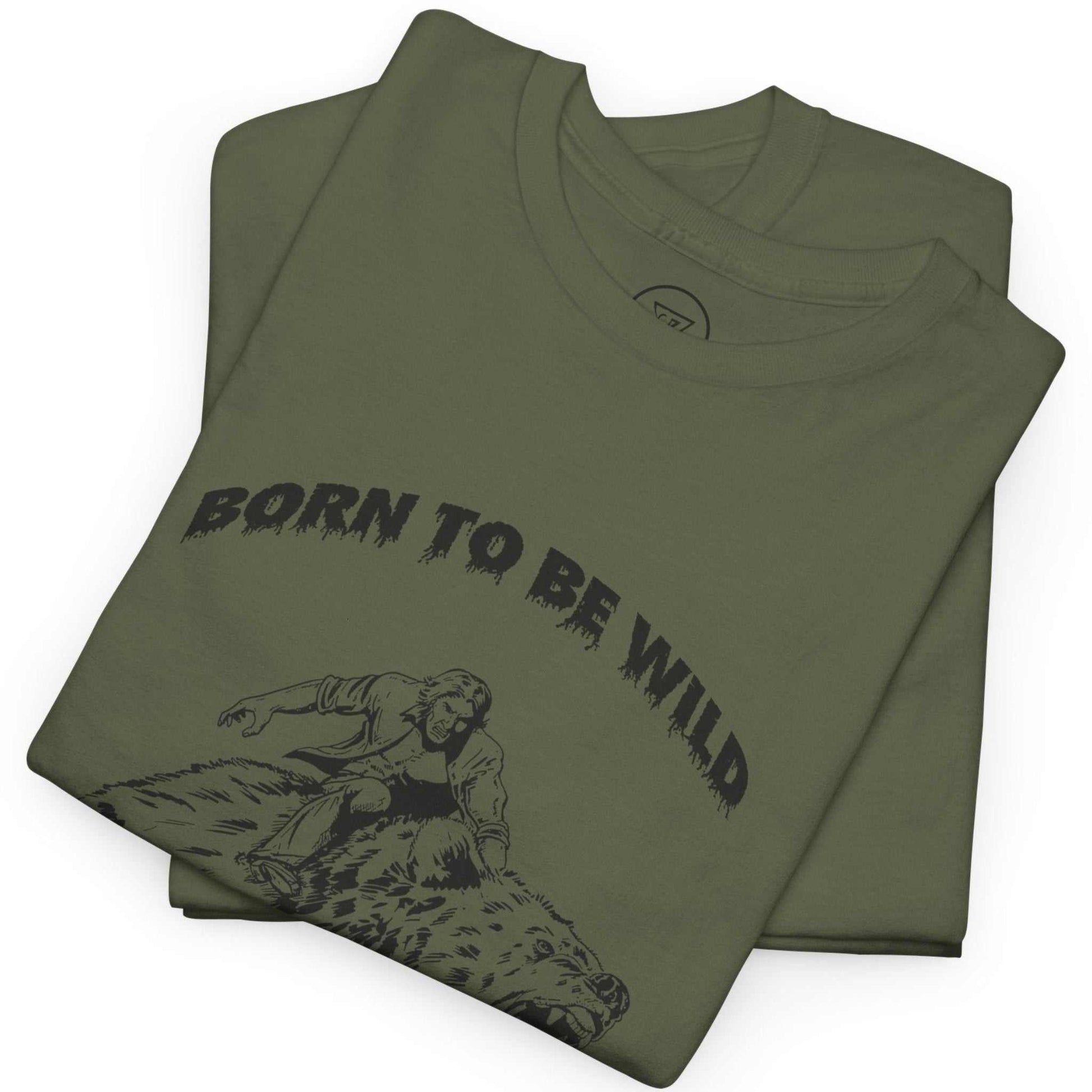 Neatly folded army green bear comic unisex tee showing the premium fabric and crisp black ink.