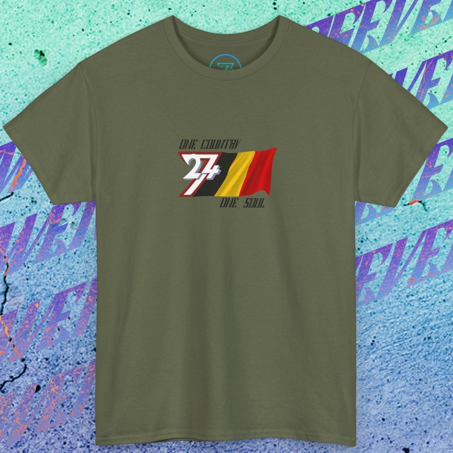 A polished Army Green Belgium flag t-shirt with our signature hand-drawn art and "One Country One Soul" text.