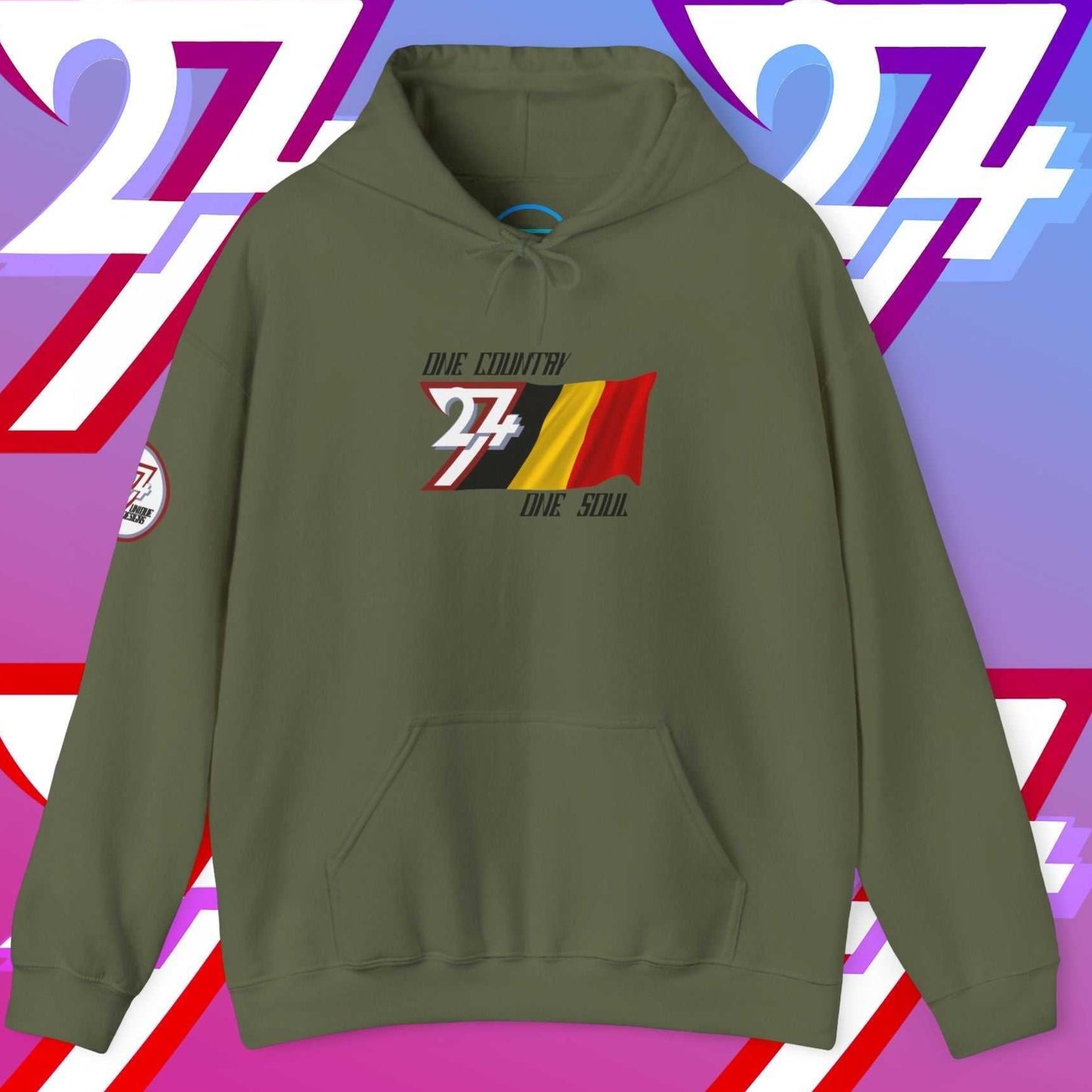 Army Green Belgium hoodie with "One Country One Soul" slogan and refined flag sketch.