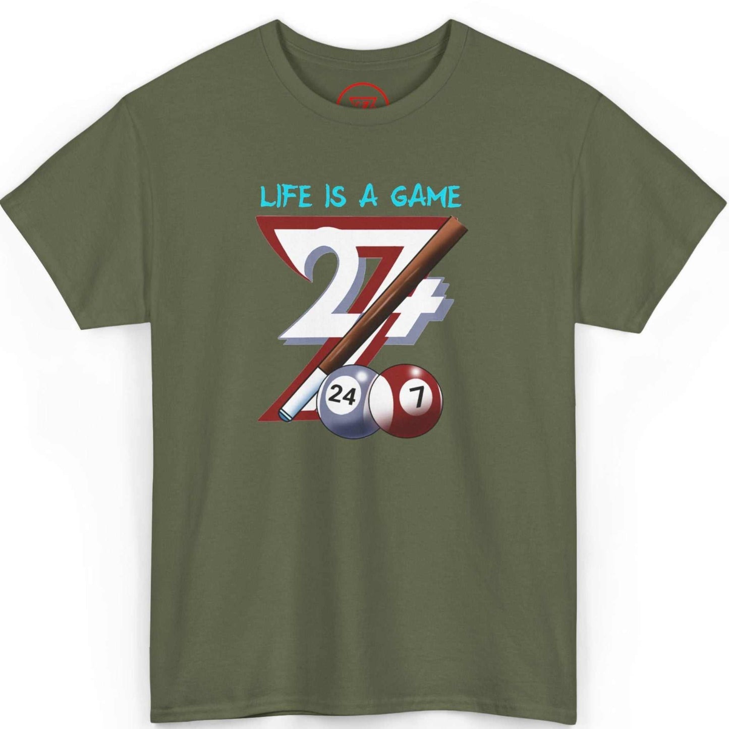 Front view of an army green billiards graphic tee showcasing the hand-drawn pool cue and Life is a Game artwork, laid flat on a clean background.