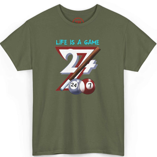 Front view of an army green billiards graphic tee showcasing the hand-drawn pool cue and Life is a Game artwork, laid flat on a clean background.
