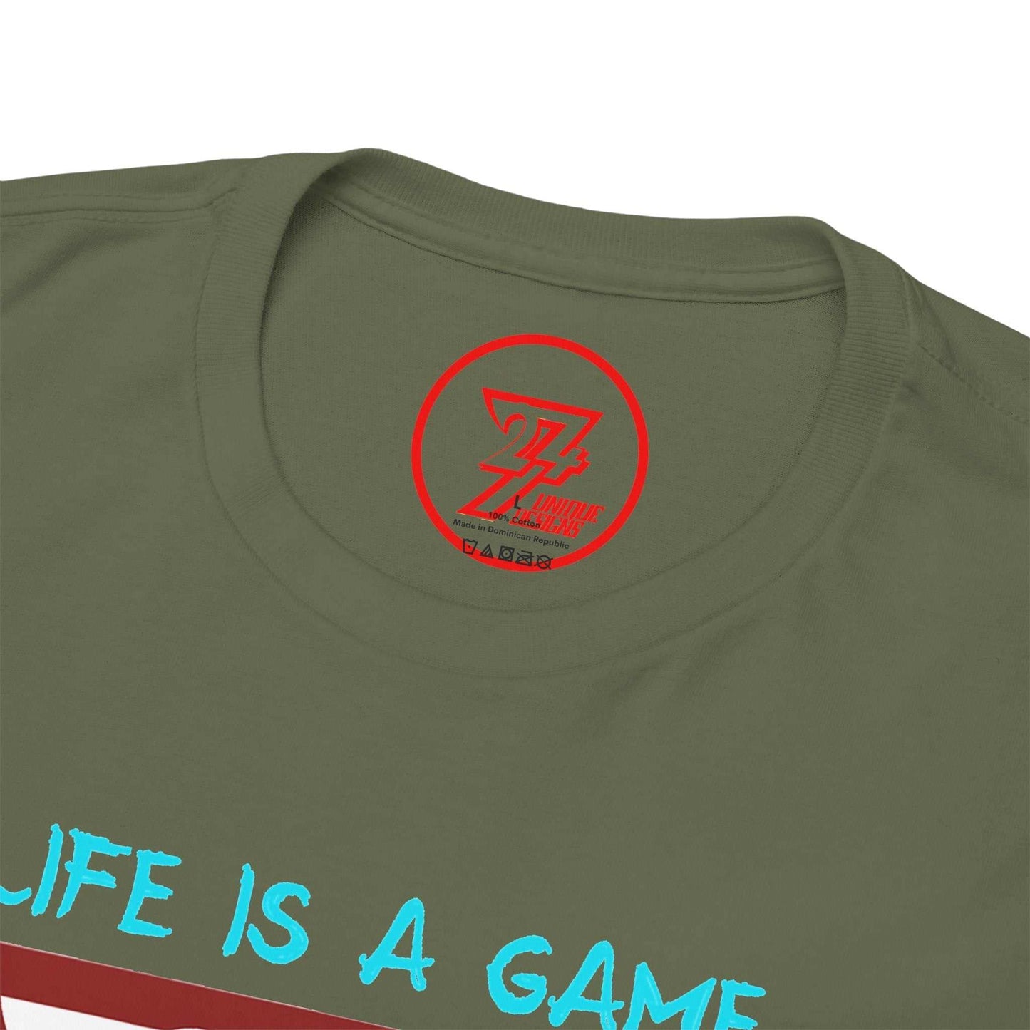 Close-up of the clean crew neckline on the army green billiards shirt, clearly showing the official 24/7 Unique Designs trademark logo inner label branding.