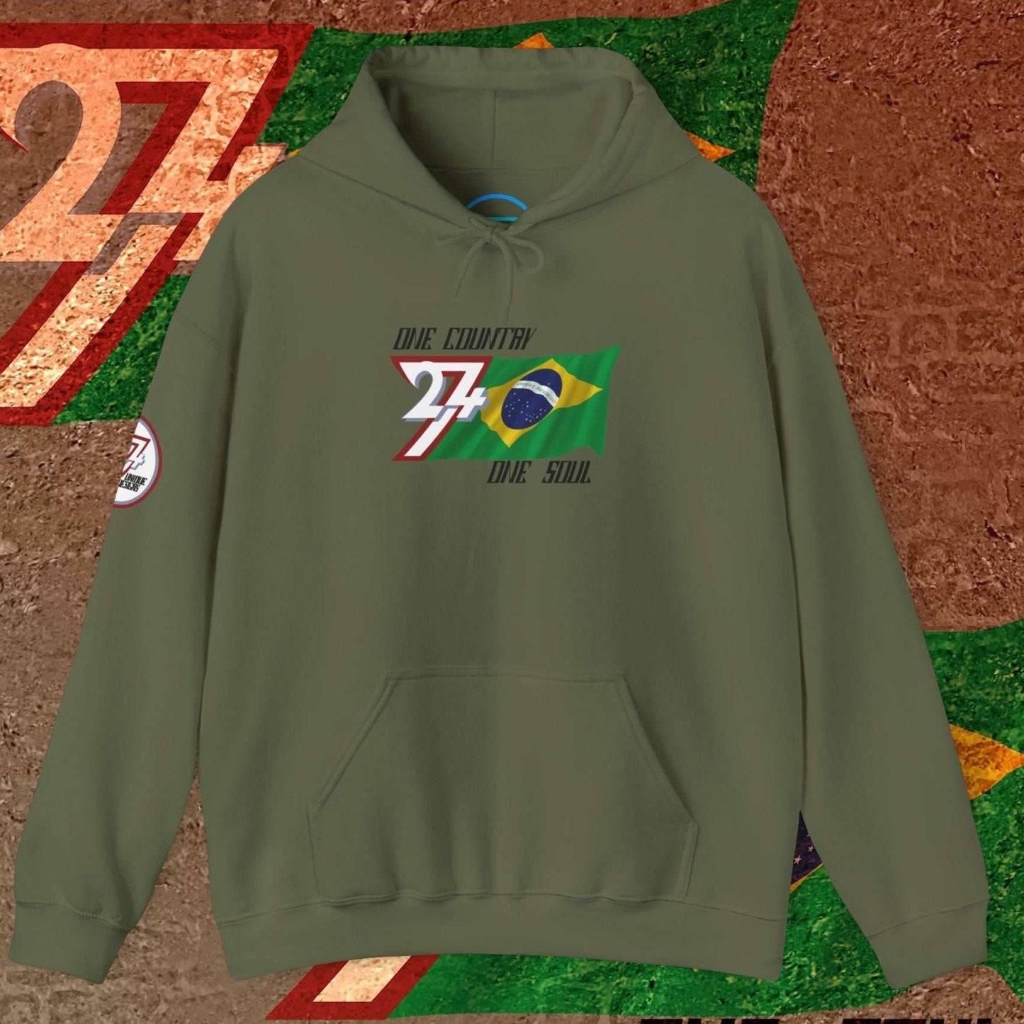 Main view of the Army Green Brazil flag hoodie with a refined digital illustration and national motto.