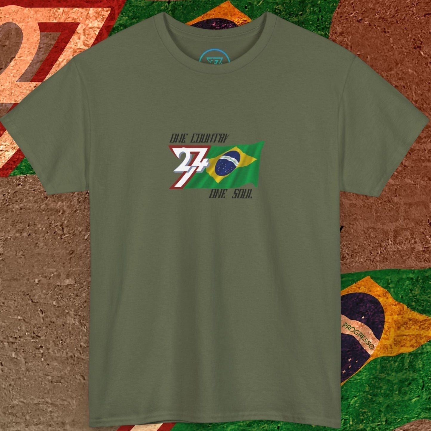 A polished Army Green Brazil flag t-shirt with our signature hand-drawn art and "One Country One Soul" text.