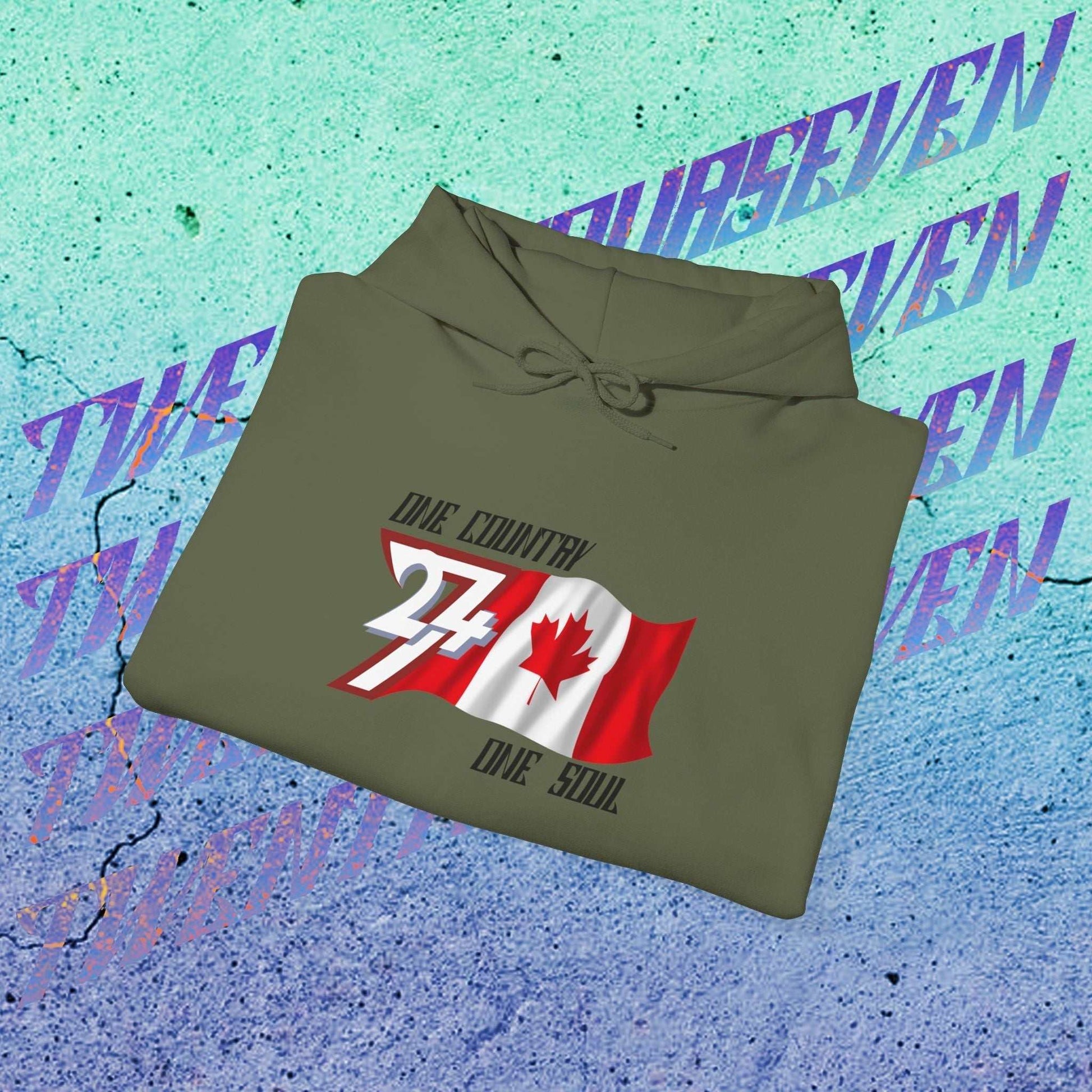 Professionally folded Canada hoodie in Army Green, showcasing the thickness of the premium 8oz fleece.