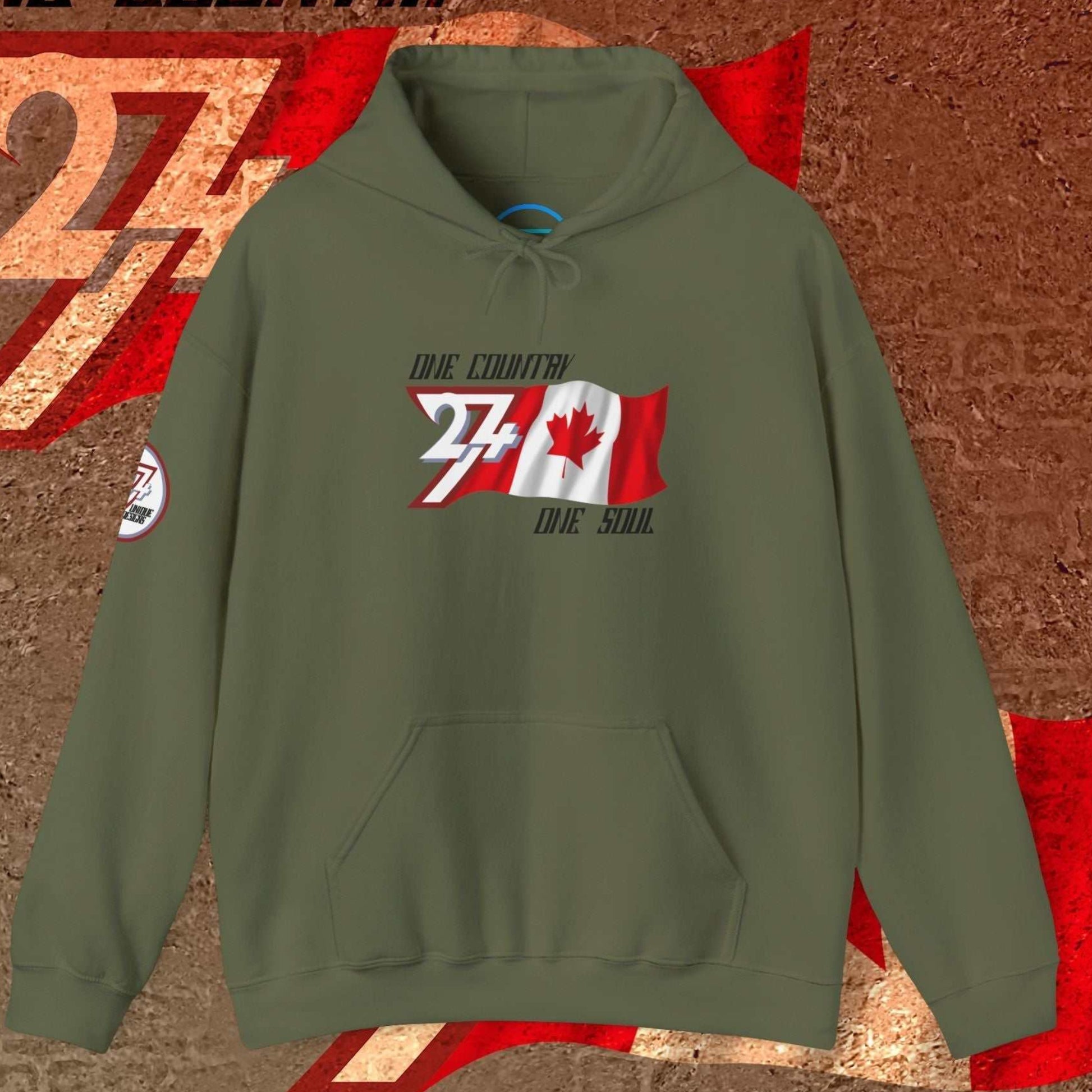 Army Green Canada hoodie with "One Country One Soul" slogan and refined flag sketch.