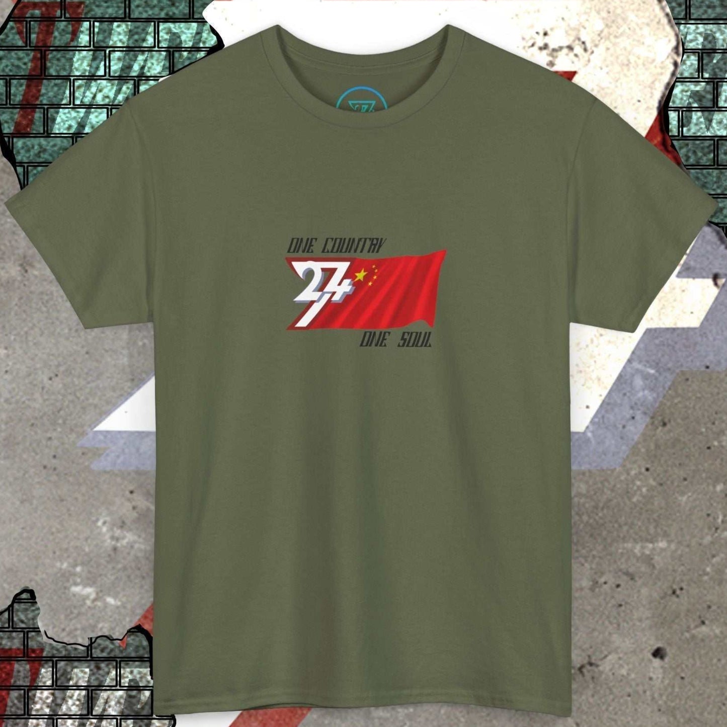 A polished Army Green China flag t-shirt with our signature hand-drawn art and "One Country One Soul" text.