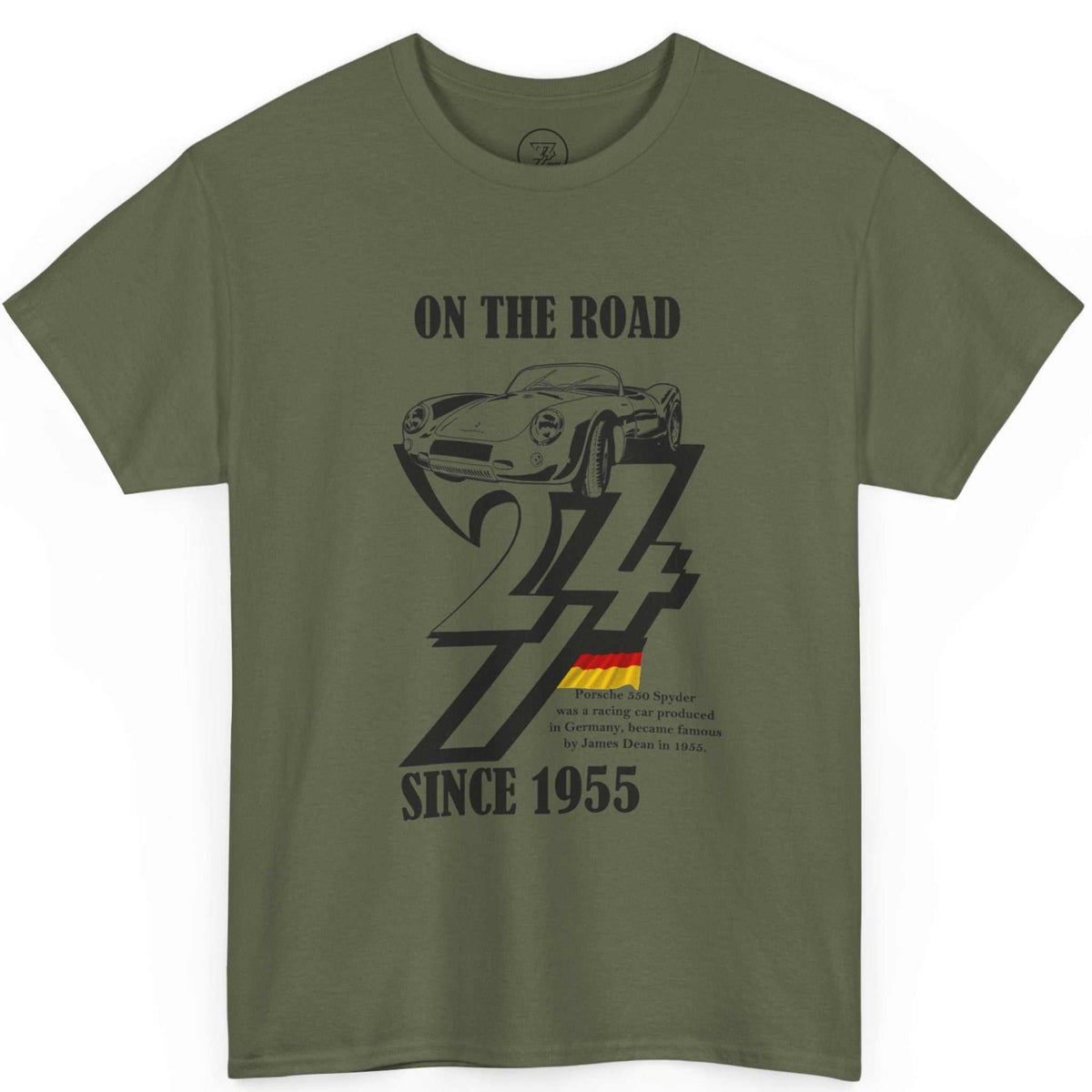 Front view of an army green classic car graphic tee highlighting the 1955 birth year and vehicle description, laid flat on a clean background.