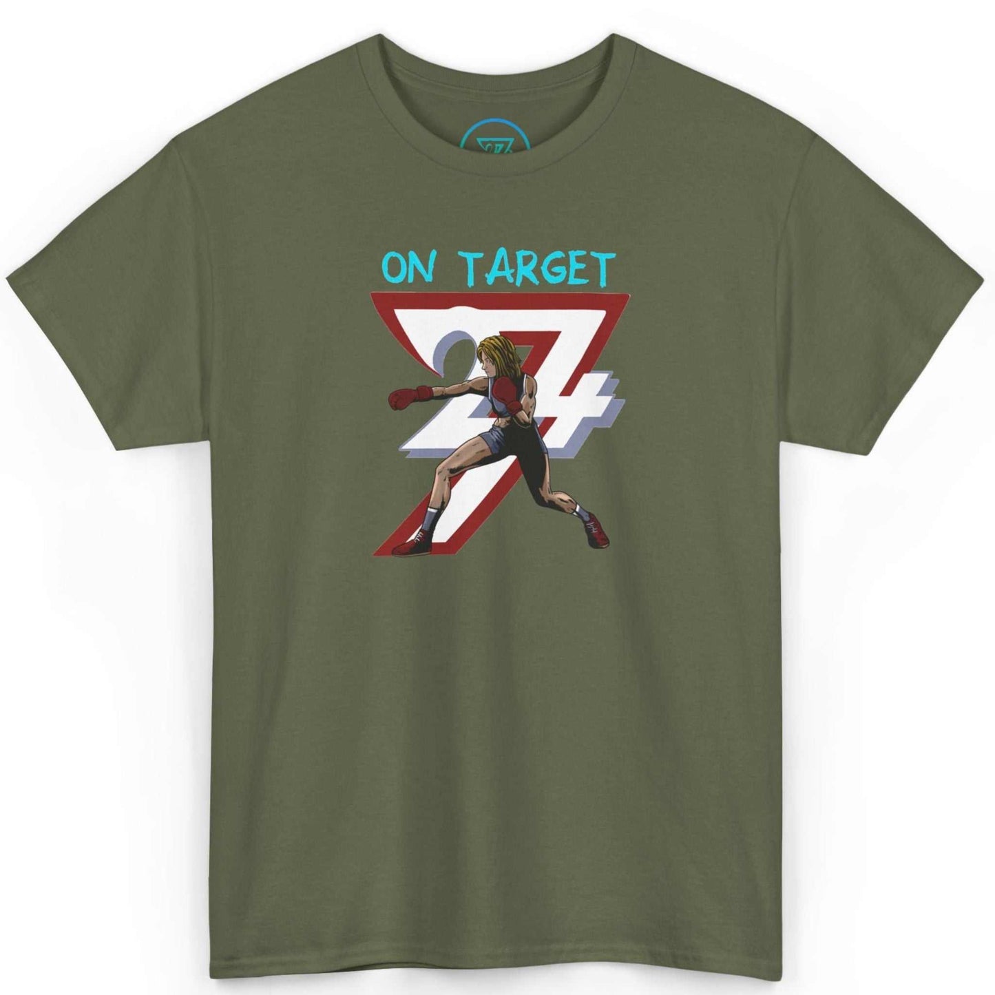 Front view of an army green hand-drawn combat sports apparel tee featuring the On Target graphic, displayed on a clean background.