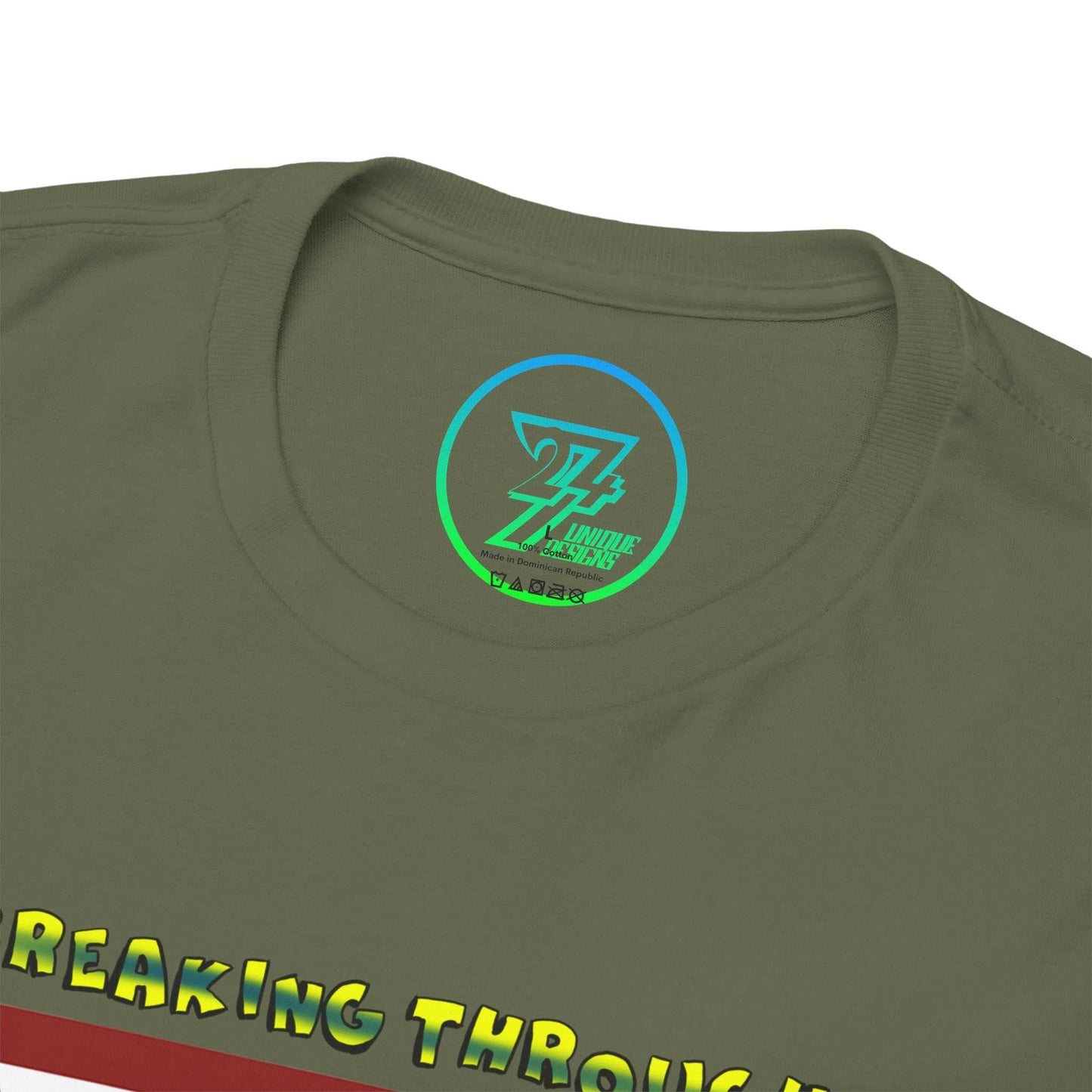 Close-up of the seamless crew neckline on the army green combat sports tee, clearly showing the official 24/7 Unique Designs inner label branding.