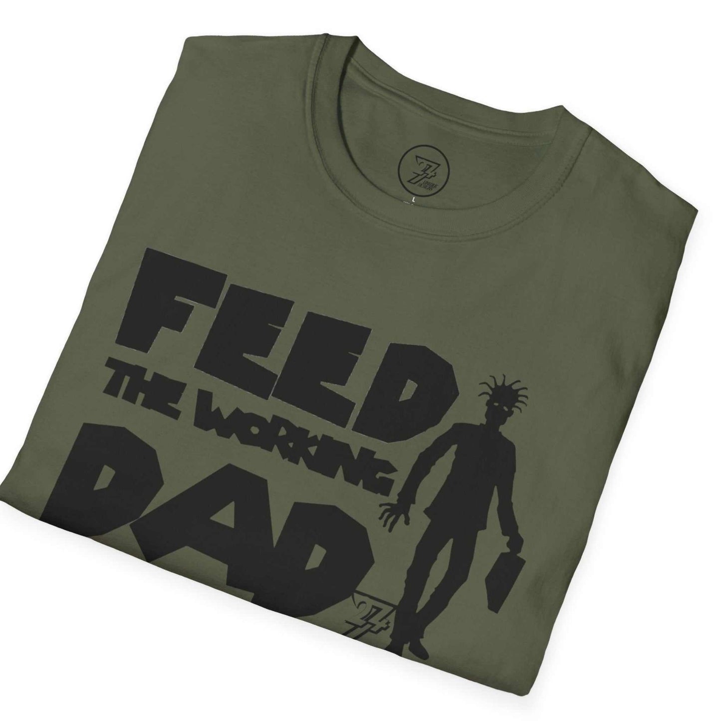 Neatly folded army green corporate zombie graphic shirt showing the digitally hand-drawn black illustration, laid flat.