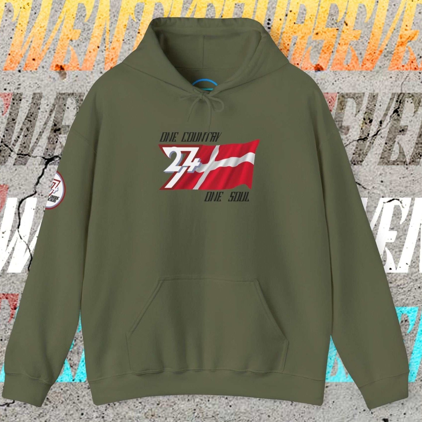 Army Green Danmark hoodie with "One Country One Soul" slogan and refined flag sketch.