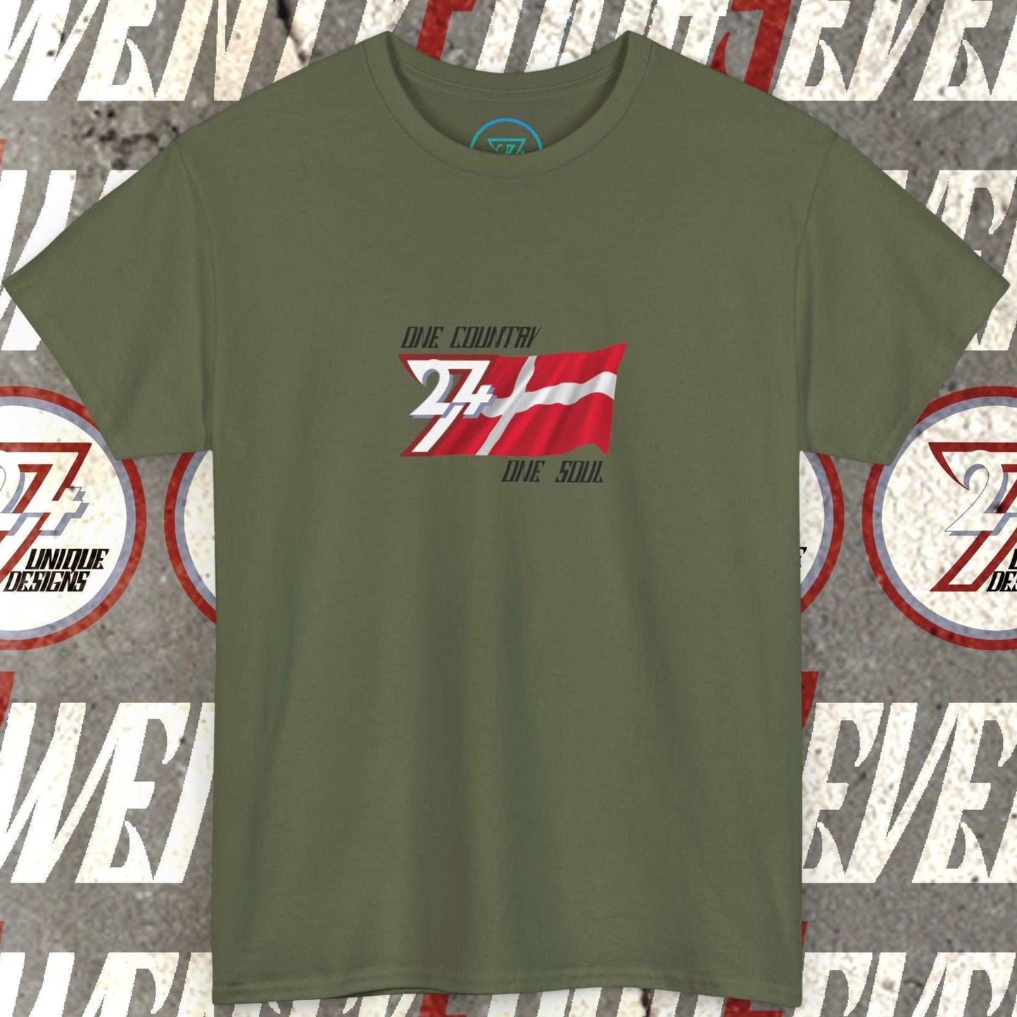A polished Army Green Denmark flag t-shirt with our signature hand-drawn art and "One Country One Soul" text.