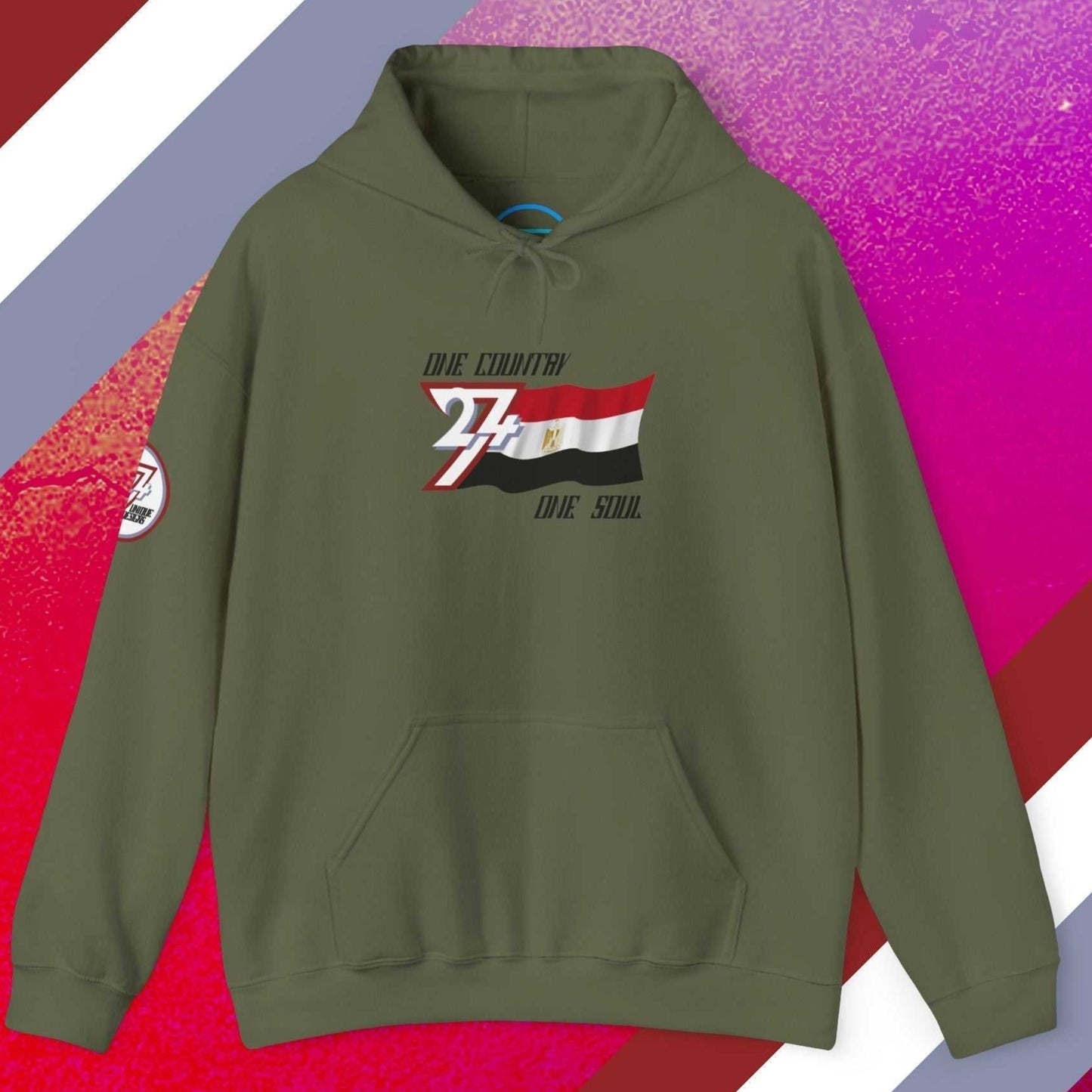 Main view of the Army Green Egypt flag hoodie with a refined digital illustration and national motto.