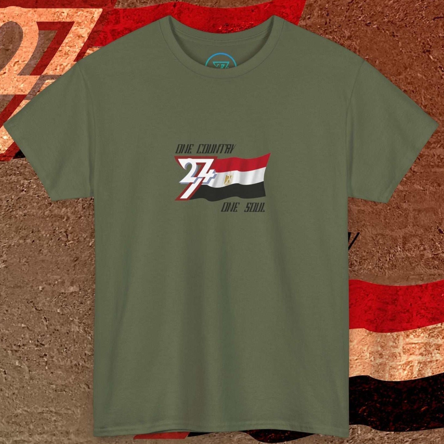 A polished Army Green Egypt flag t-shirt with our signature hand-drawn art and "One Country One Soul" text.
