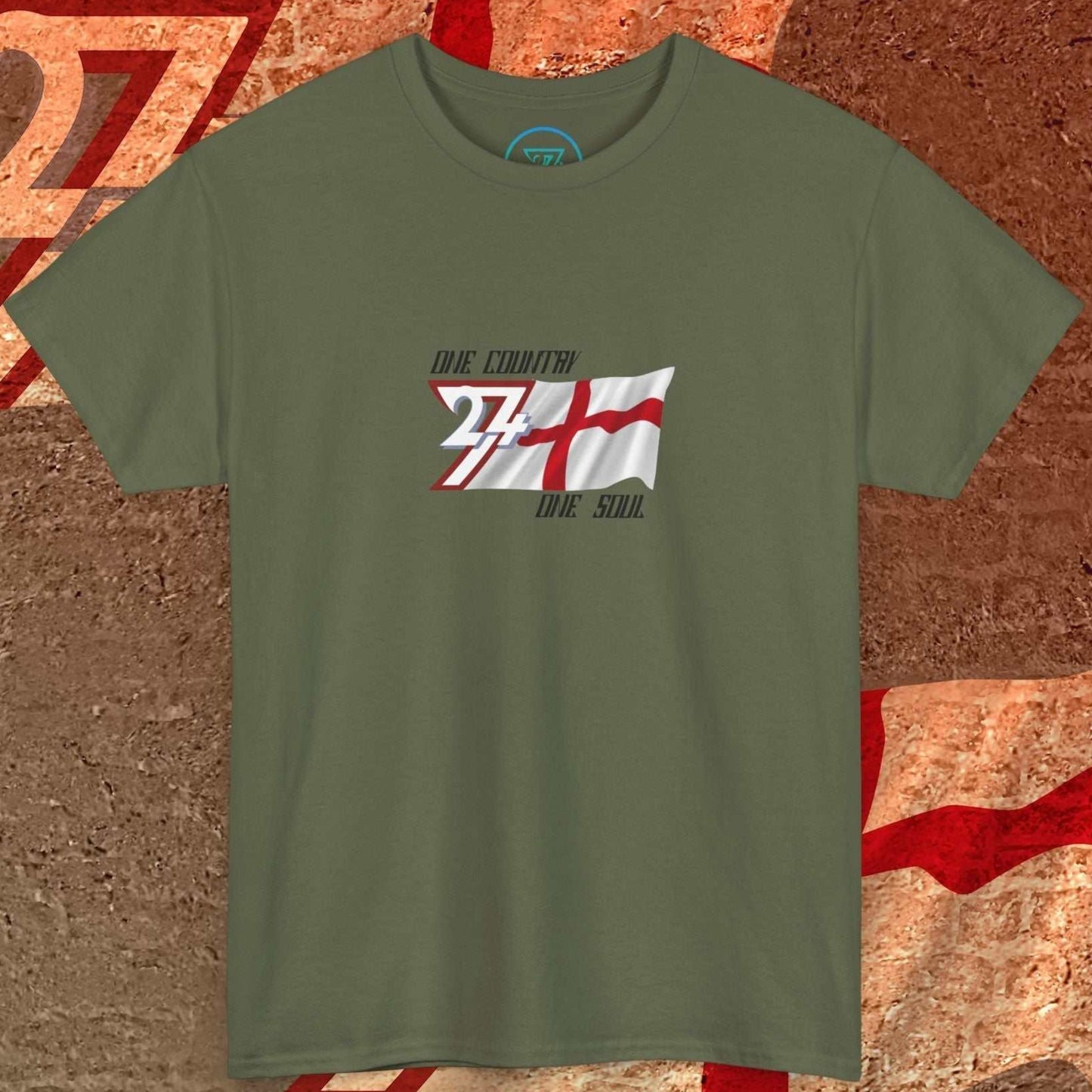 A polished Army Green England flag t-shirt with our signature hand-drawn art and "One Country One Soul" text.