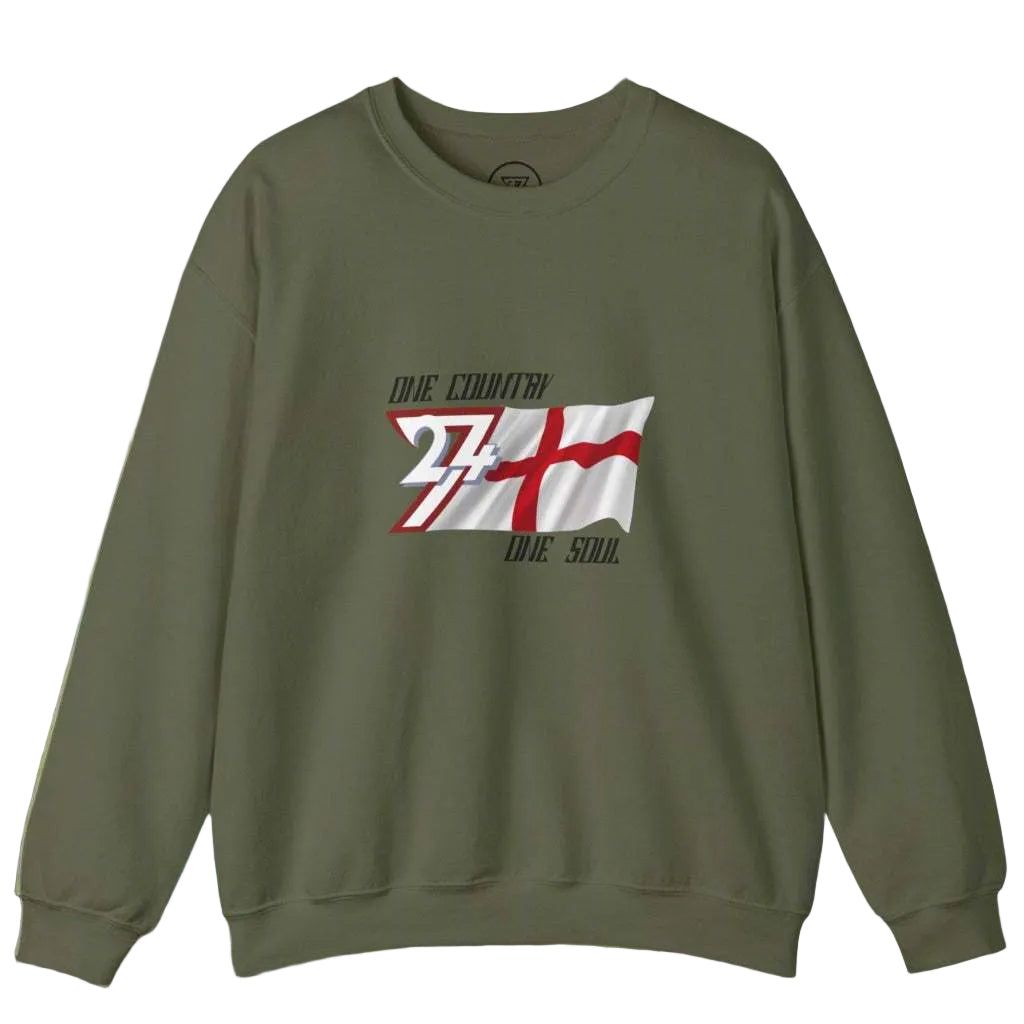 Green England sweatshirt with unique England flag design and slogan One Country One Soul