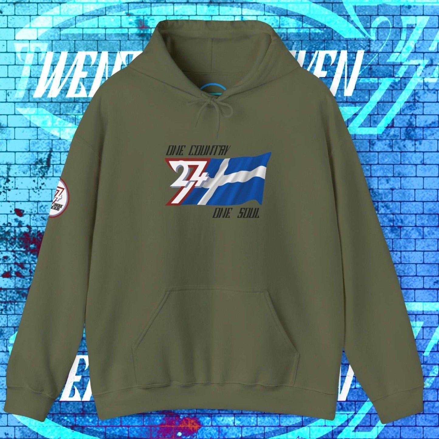 Rugged Army Green hoodie featuring the "One Country One Soul" slogan and a refined sketch of the Finland flag.