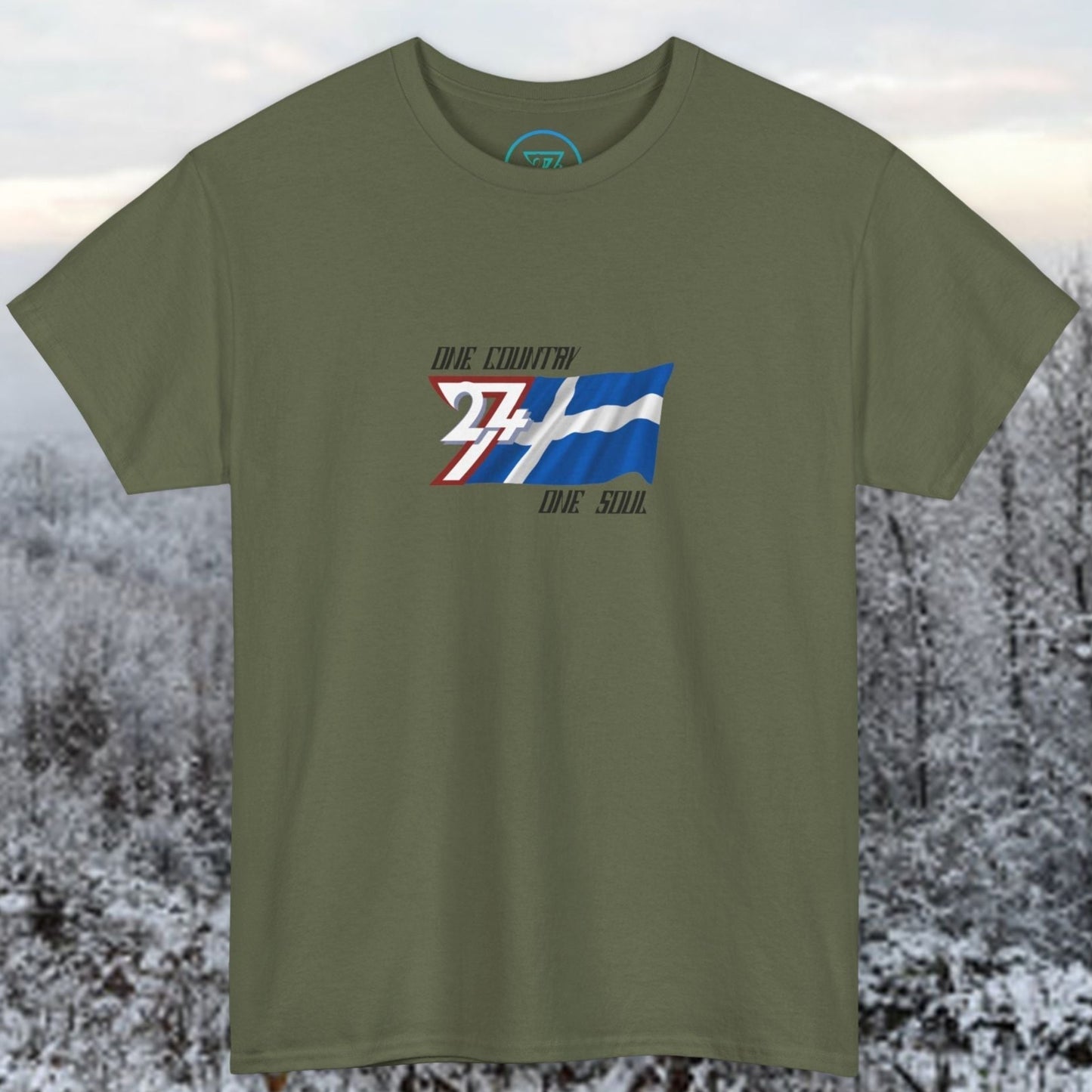 A polished Army Green Finland flag t-shirt with our signature hand-drawn art and "One Country One Soul" text.