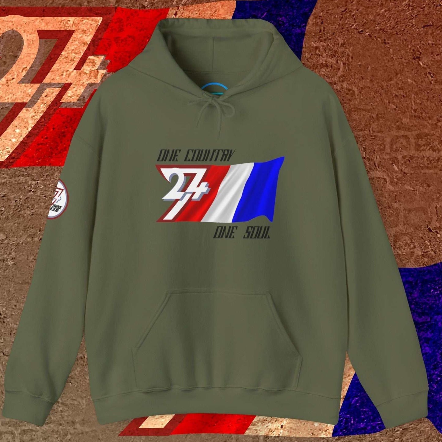 Rugged Army Green hoodie featuring the "One Country One Soul" slogan and a refined sketch of the France flag.