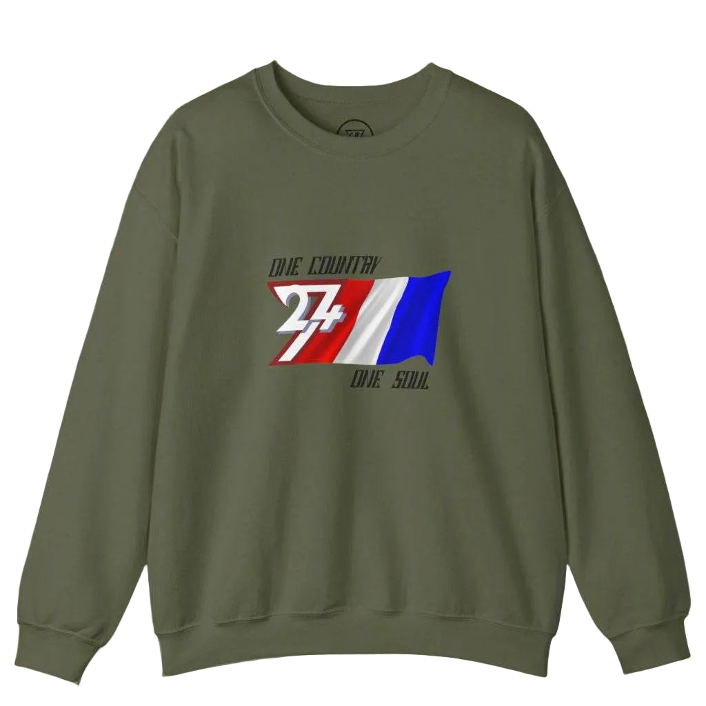 Unisex olive green sweatshirt featuring a hand-drawn France flag graphic with text "One Country One Soul" for patriotic wear